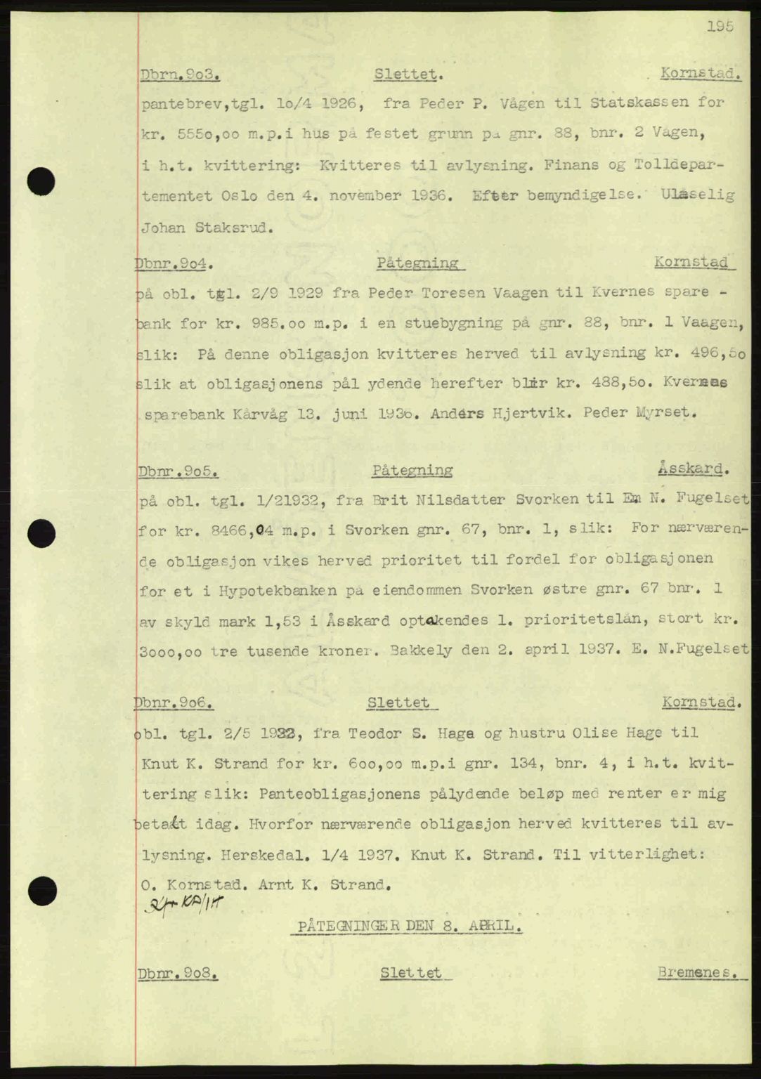 Nordmøre sorenskriveri, SAT/A-4132/1/2/2Ca: Pantebok nr. C80, 1936-1939, Dagboknr: 903/1937