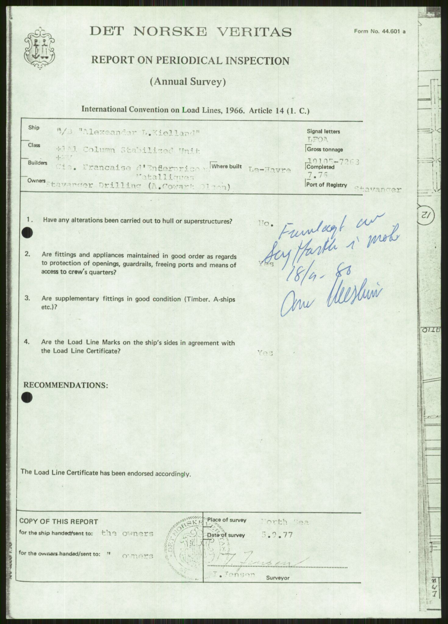 Justisdepartementet, Granskningskommisjonen ved Alexander Kielland-ulykken 27.3.1980, RA/S-1165/D/L0001: 0001-0002 Avhørskommisjonen - navnelister og protokoller fra avhør/0003 Survey report, 1980-1981, s. 914