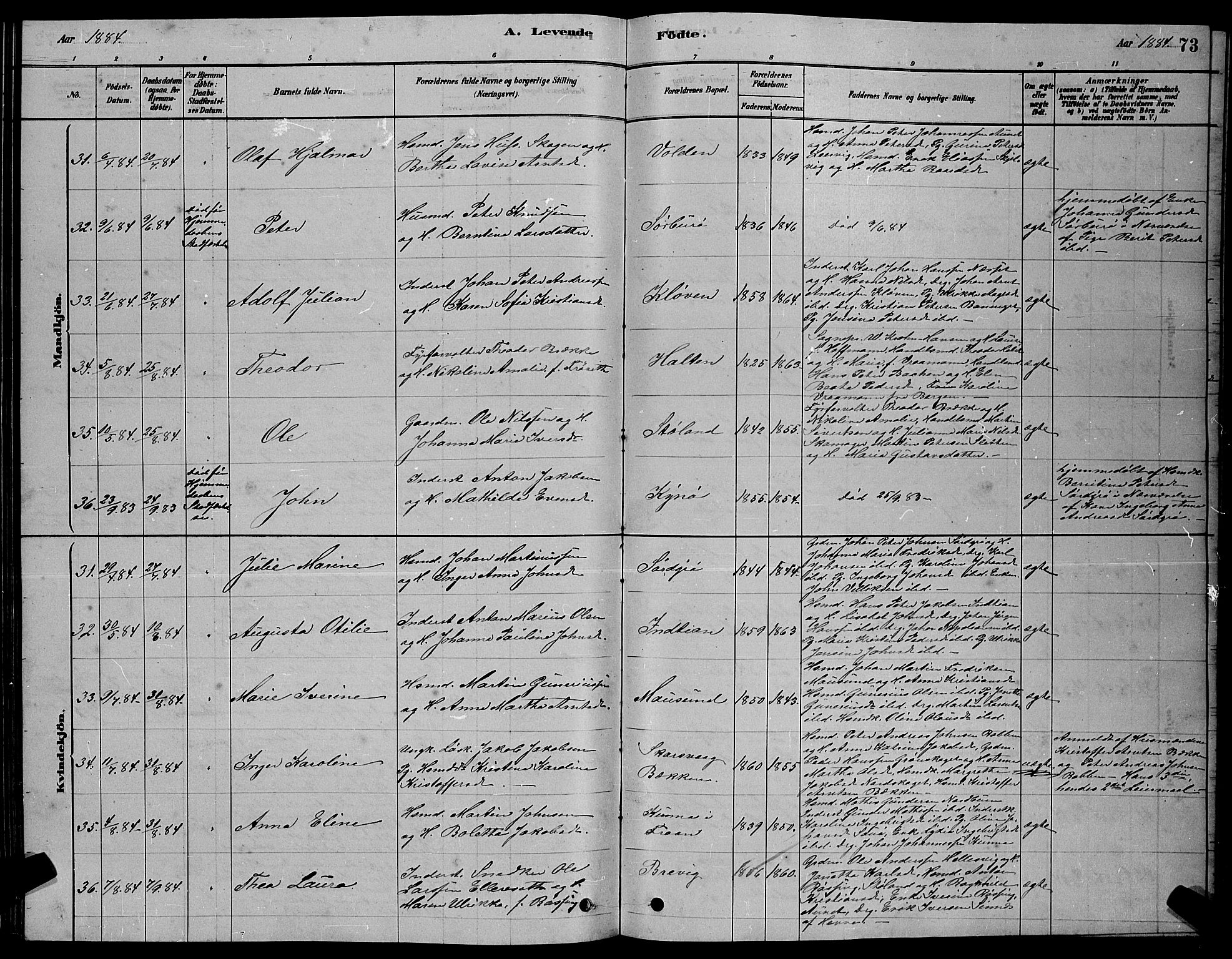Ministerialprotokoller, klokkerbøker og fødselsregistre - Sør-Trøndelag, SAT/A-1456/640/L0585: Klokkerbok nr. 640C03, 1878-1891, s. 73