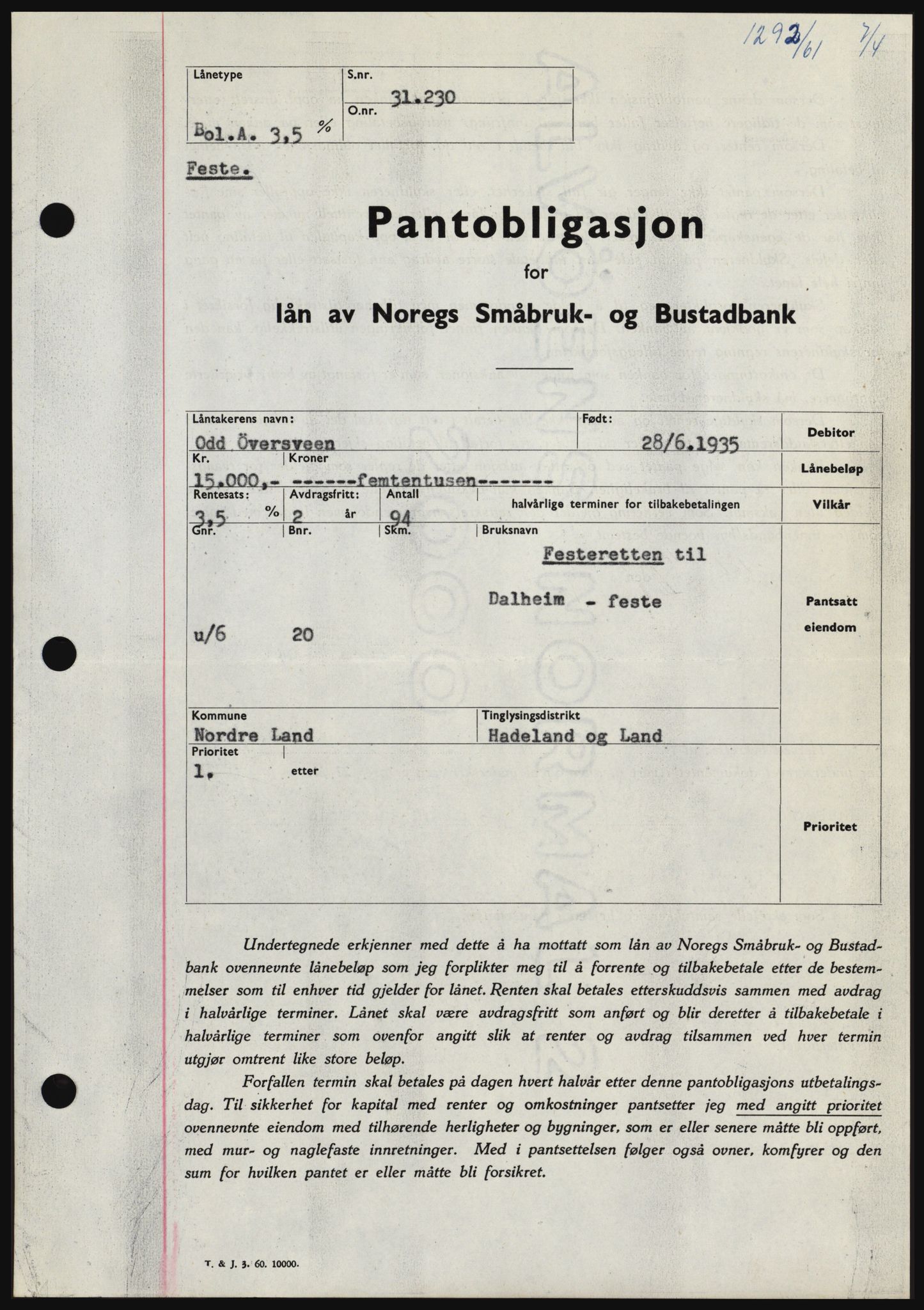 Hadeland og Land tingrett, SAH/TING-010/H/Hb/Hbc/L0045: Pantebok nr. B45, 1961-1961, Dagboknr: 1292/1961