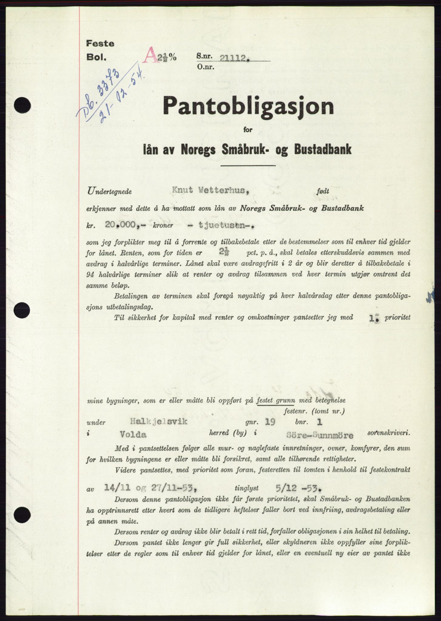 Søre Sunnmøre sorenskriveri, AV/SAT-A-4122/1/2/2C/L0126: Pantebok nr. 14B, 1954-1955, Dagboknr: 3373/1954