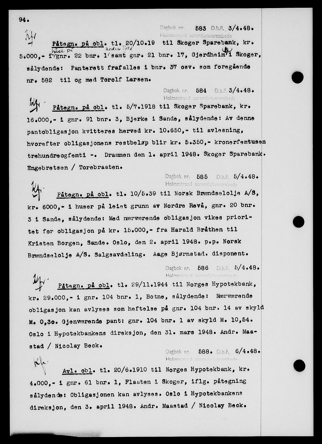 Holmestrand sorenskriveri, SAKO/A-67/G/Ga/Gab/L0058: Pantebok nr. B-58, 1947-1948, s. 94, Dagboknr: 583/1948