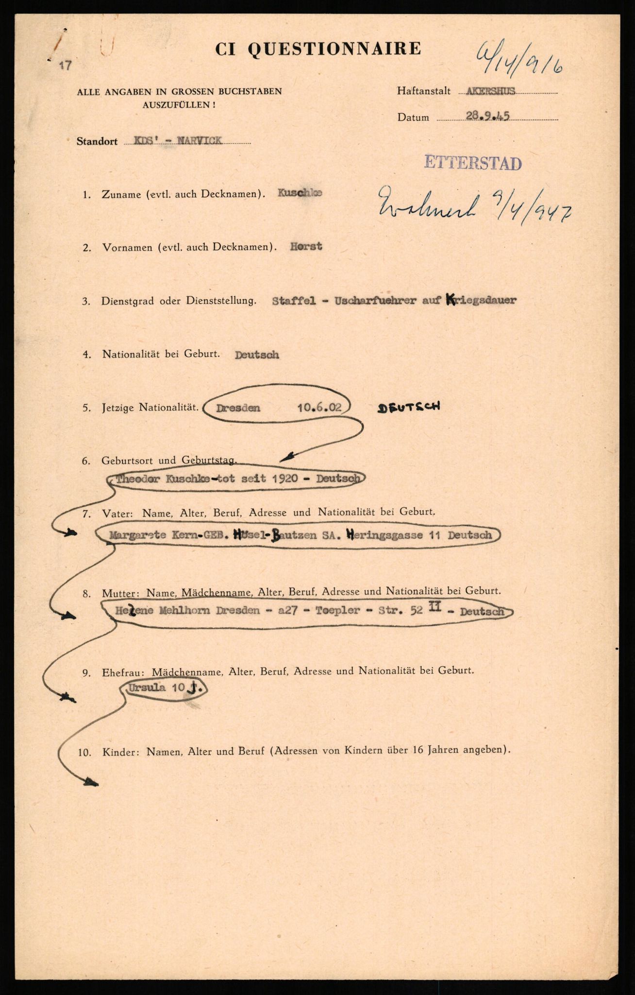 Forsvaret, Forsvarets overkommando II, AV/RA-RAFA-3915/D/Db/L0018: CI Questionaires. Tyske okkupasjonsstyrker i Norge. Tyskere., 1945-1946, s. 525