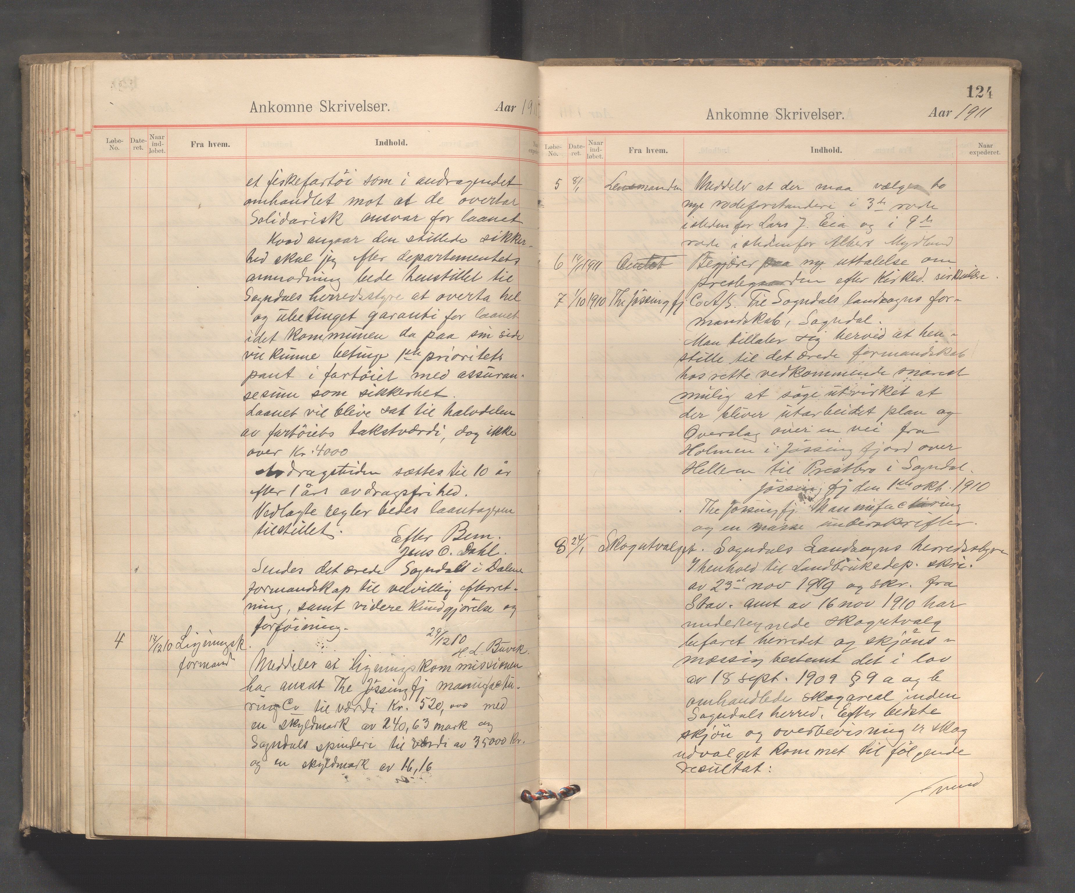 Sokndal kommune - Formannskapet/Sentraladministrasjonen, IKAR/K-101099/C/Ca/L0003: Journal, 1904-1912, s. 124