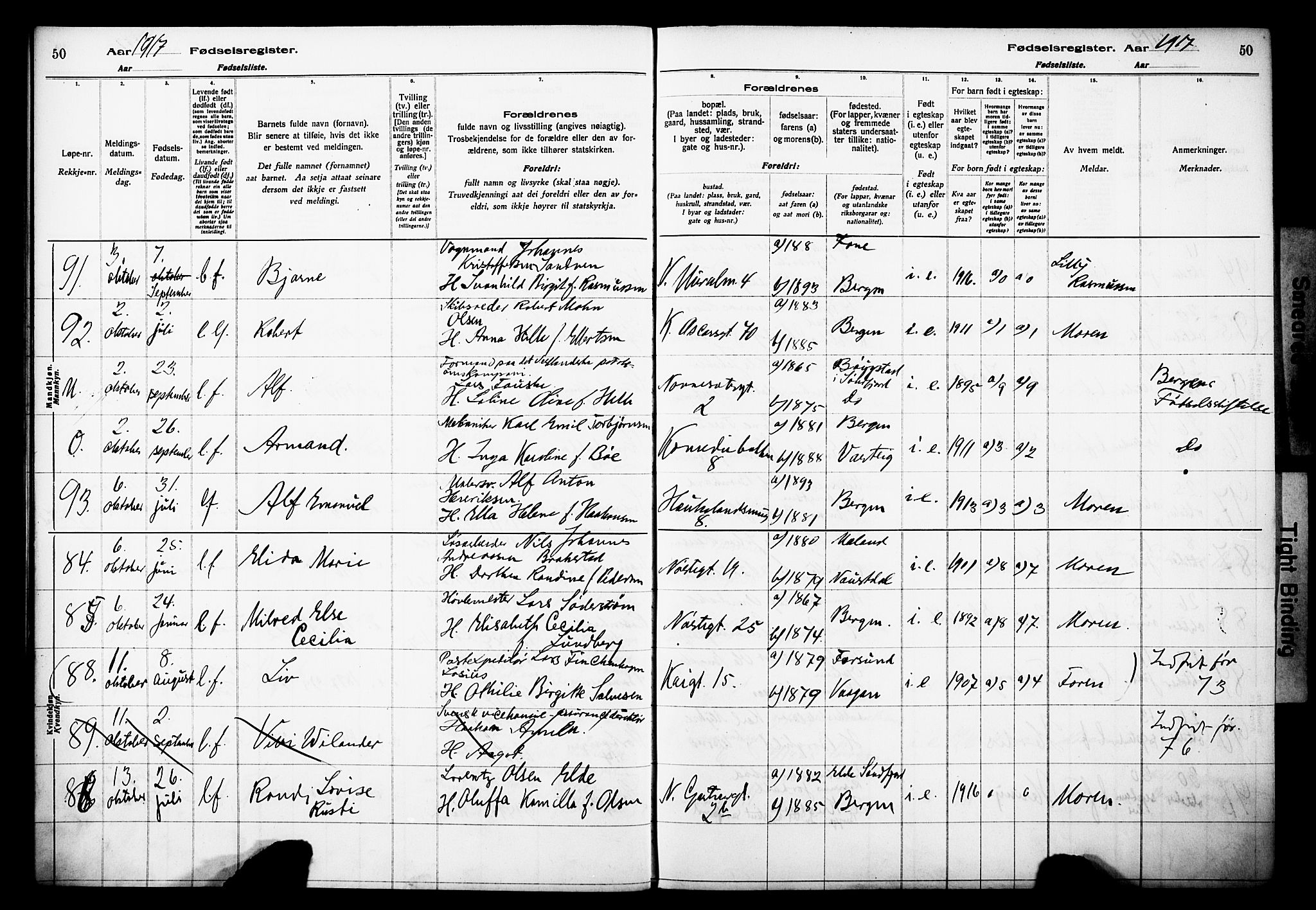 Domkirken sokneprestembete, AV/SAB-A-74801/I/Id/L00A1: Fødselsregister nr. A 1, 1916-1923, s. 50