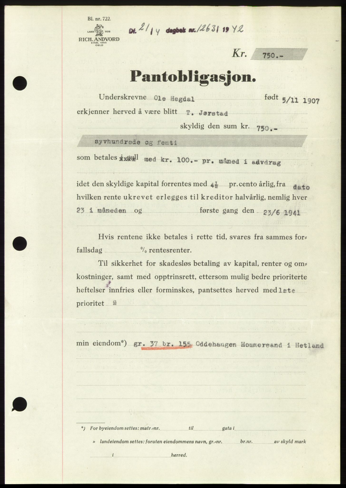 Jæren sorenskriveri, SAST/A-100310/03/G/Gba/L0082: Pantebok, 1942-1942, Dagboknr: 1263/1942