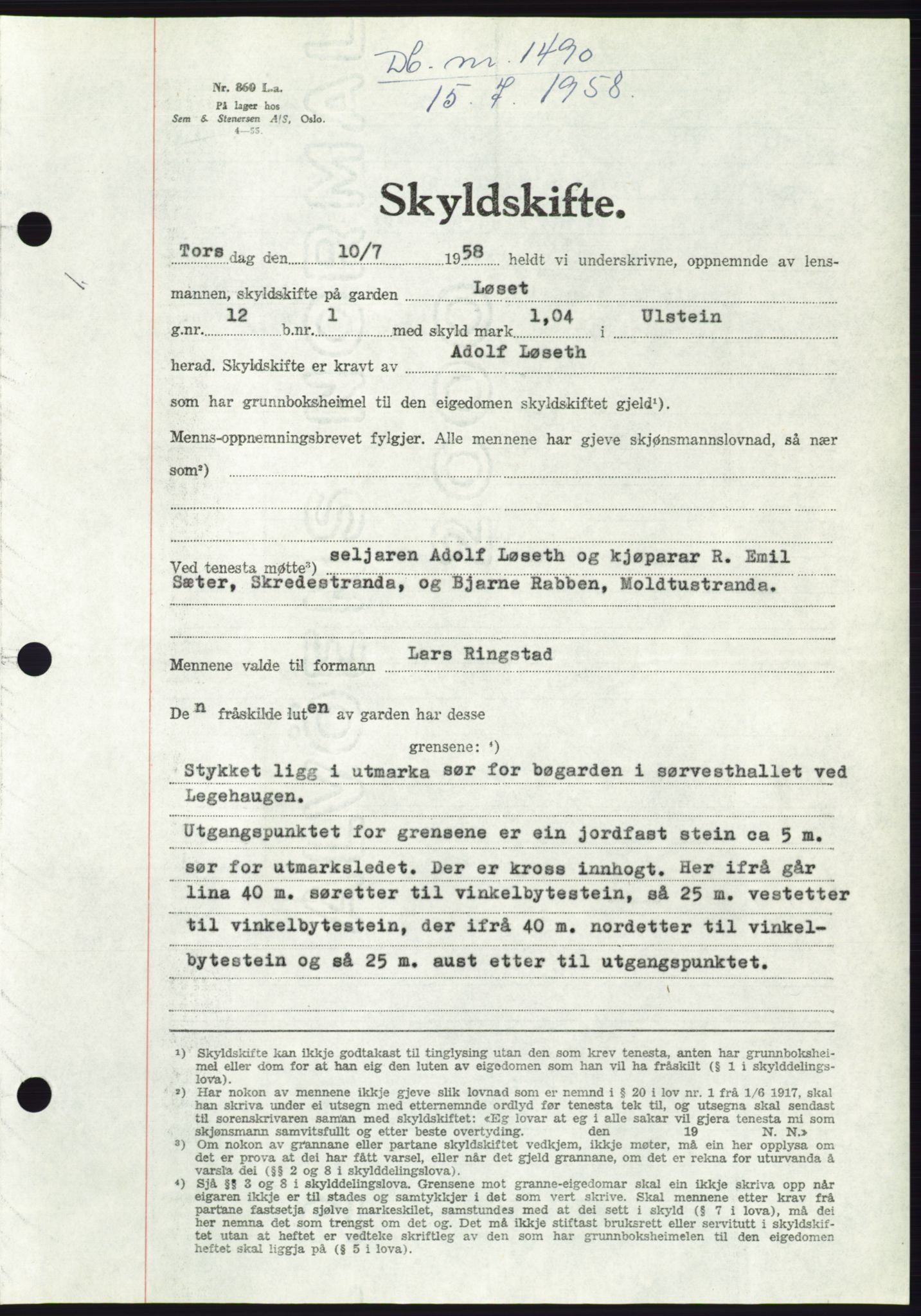 Søre Sunnmøre sorenskriveri, AV/SAT-A-4122/1/2/2C/L0110: Pantebok nr. 36A, 1958-1958, Dagboknr: 1490/1958