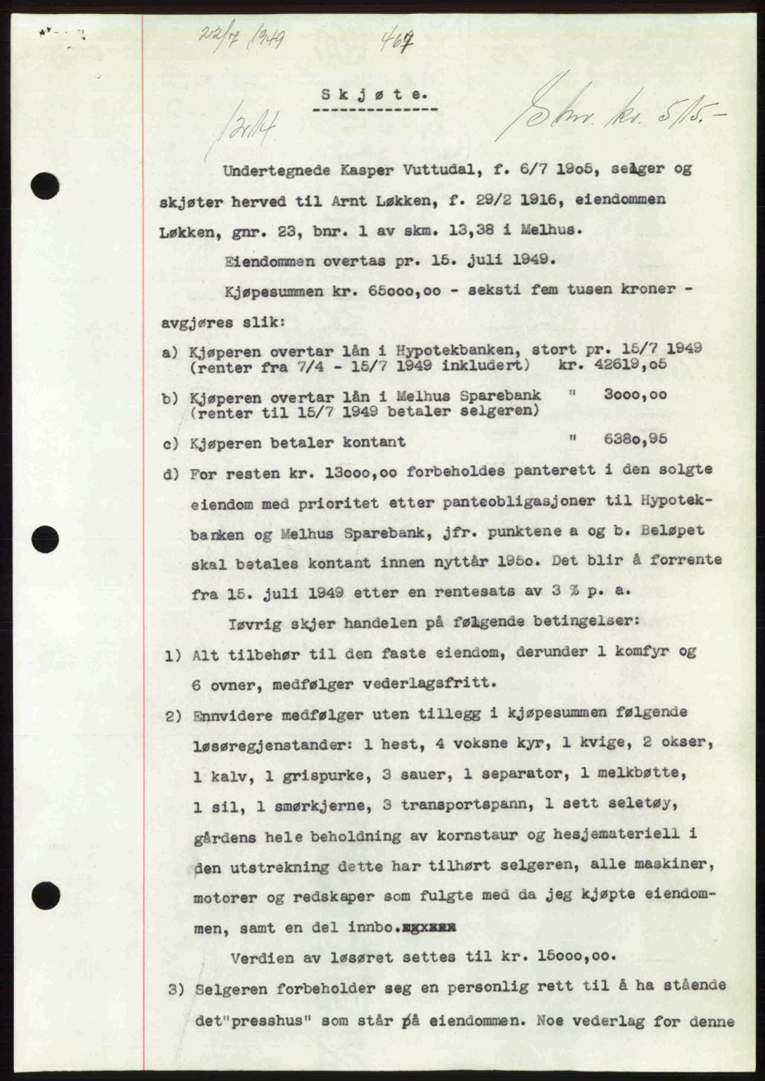 Gauldal sorenskriveri, SAT/A-0014/1/2/2C: Pantebok nr. A8, 1949-1949, Dagboknr: 1214/1949