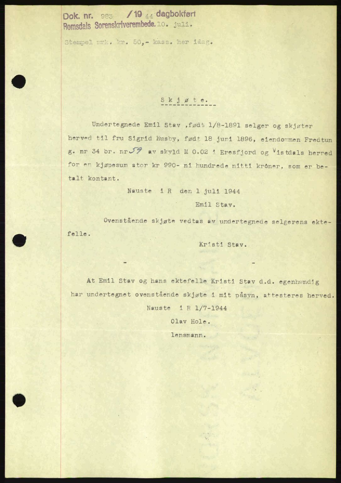 Romsdal sorenskriveri, SAT/A-4149/1/2/2C: Pantebok nr. A16, 1944-1944, Dagboknr: 983/1944