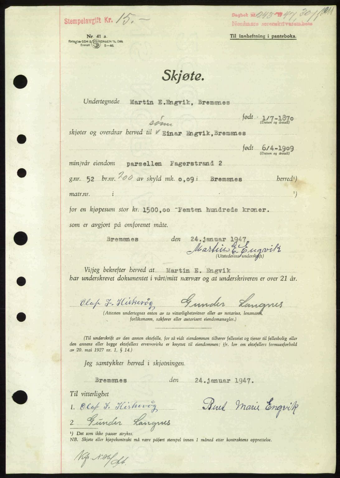 Nordmøre sorenskriveri, AV/SAT-A-4132/1/2/2Ca: Pantebok nr. A103, 1946-1947, Dagboknr: 243/1947