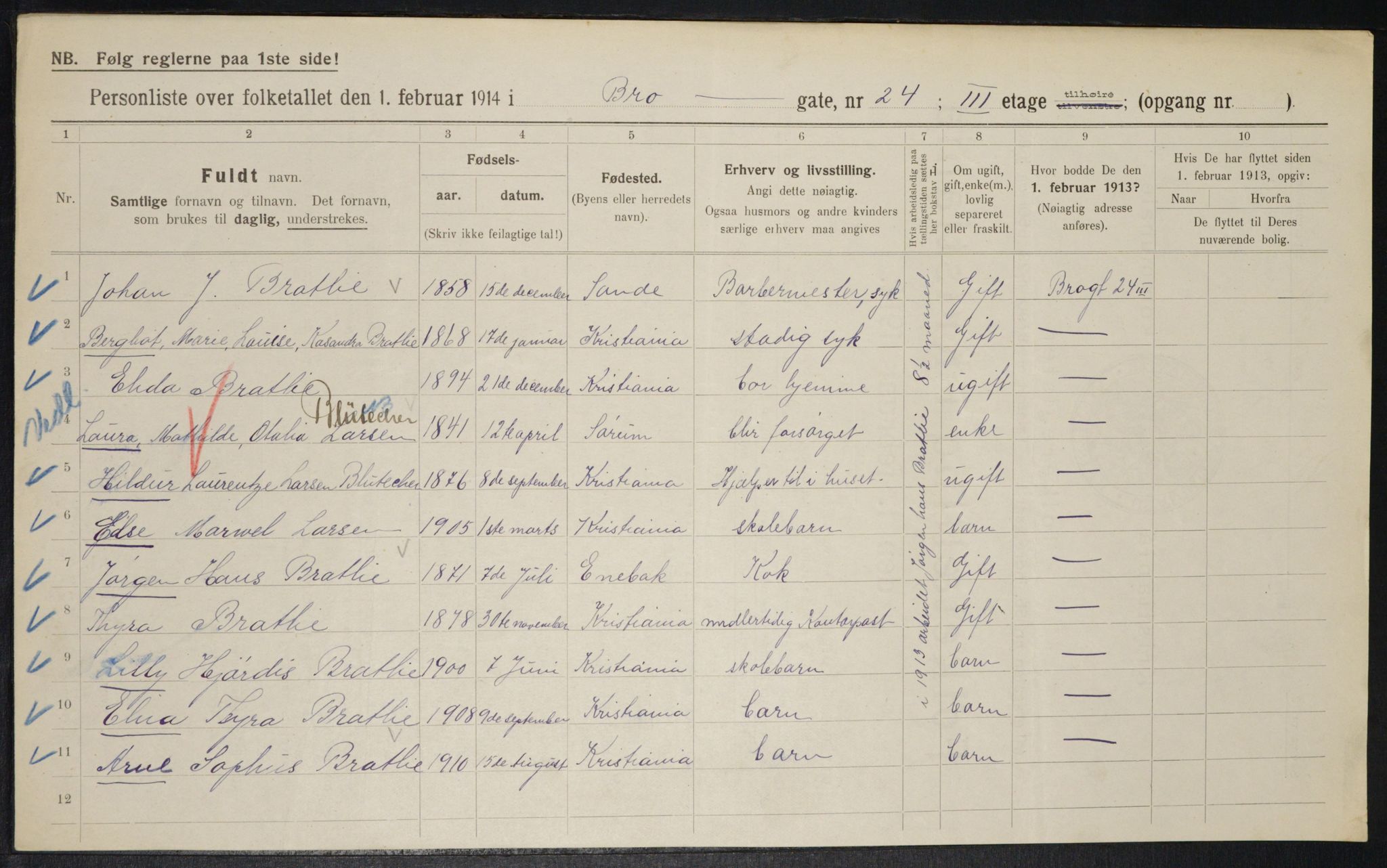OBA, Kommunal folketelling 1.2.1914 for Kristiania, 1914, s. 9996