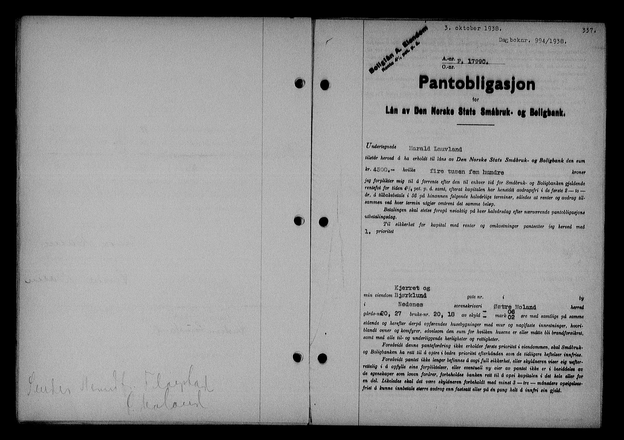 Nedenes sorenskriveri, SAK/1221-0006/G/Gb/Gba/L0045: Pantebok nr. 41, 1938-1938, Dagboknr: 994/1938