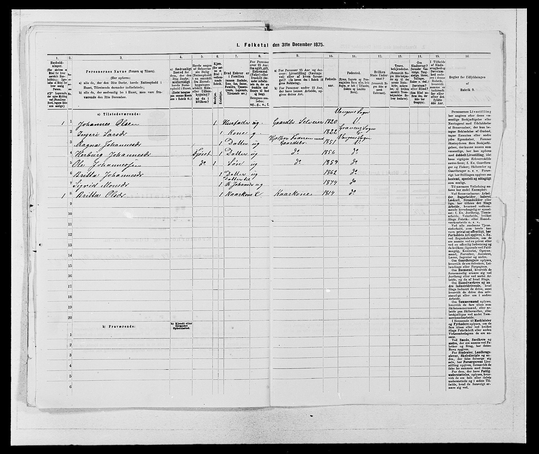 SAB, Folketelling 1875 for 1235P Voss prestegjeld, 1875, s. 1044