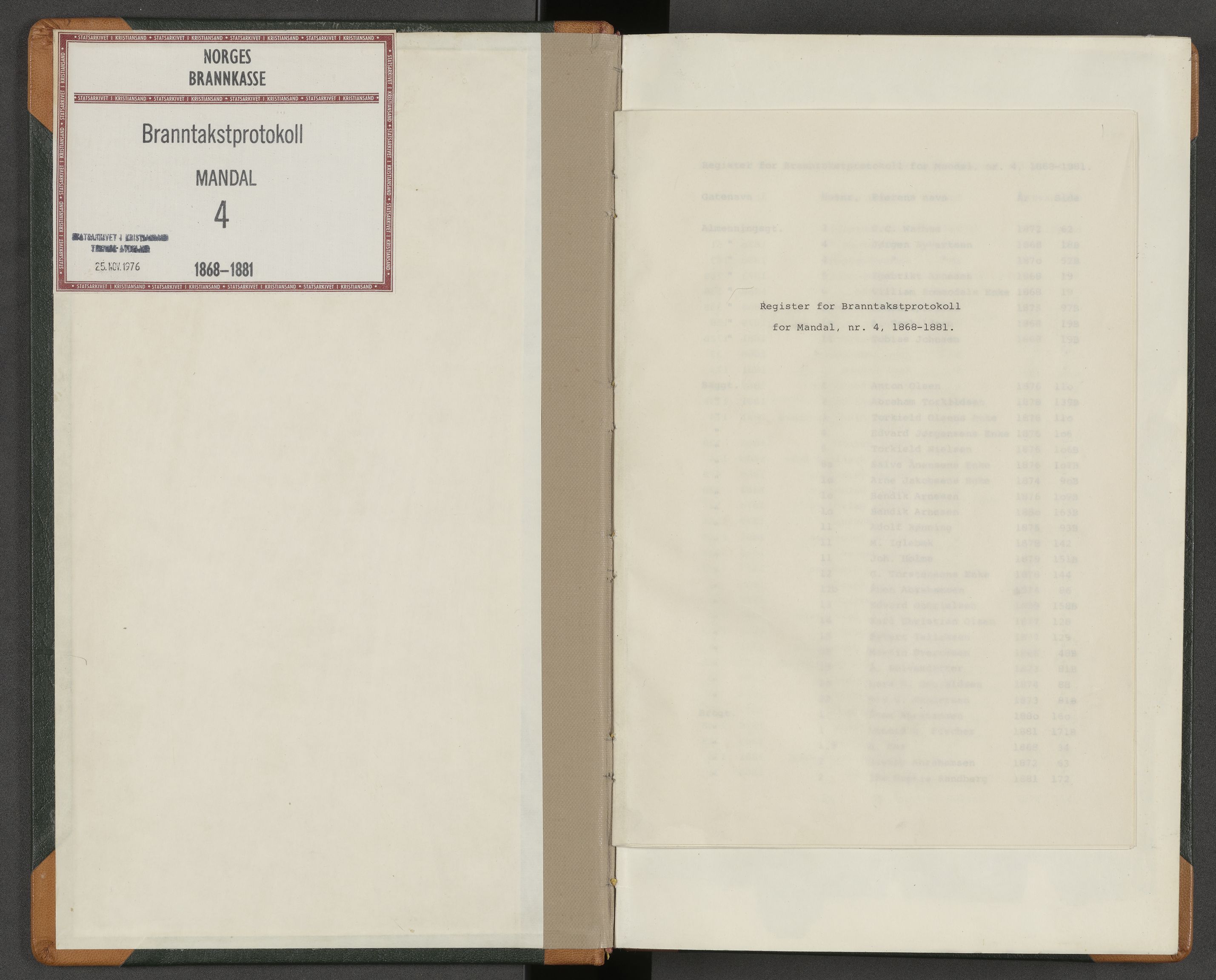 Norges Brannkasse Mandal, SAK/2241-0037/F/Fa/L0004: Branntakstprotokoll nr. 4 med gatenavnsregister, 1868-1881