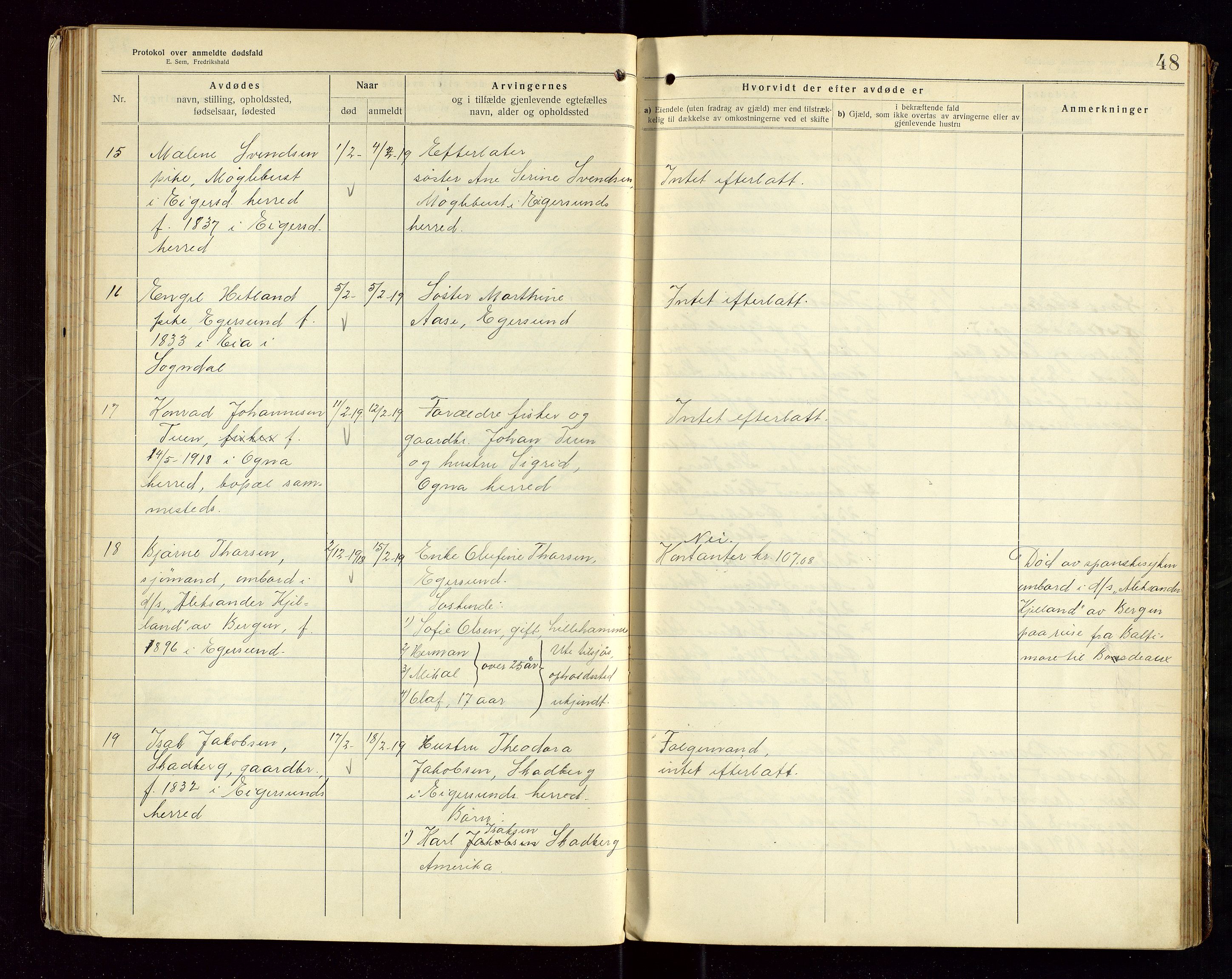 Eigersund lensmannskontor, AV/SAST-A-100171/Gga/L0007: "Protokol over anmeldte dødsfald" m/alfabetisk navneregister, 1917-1920, s. 48
