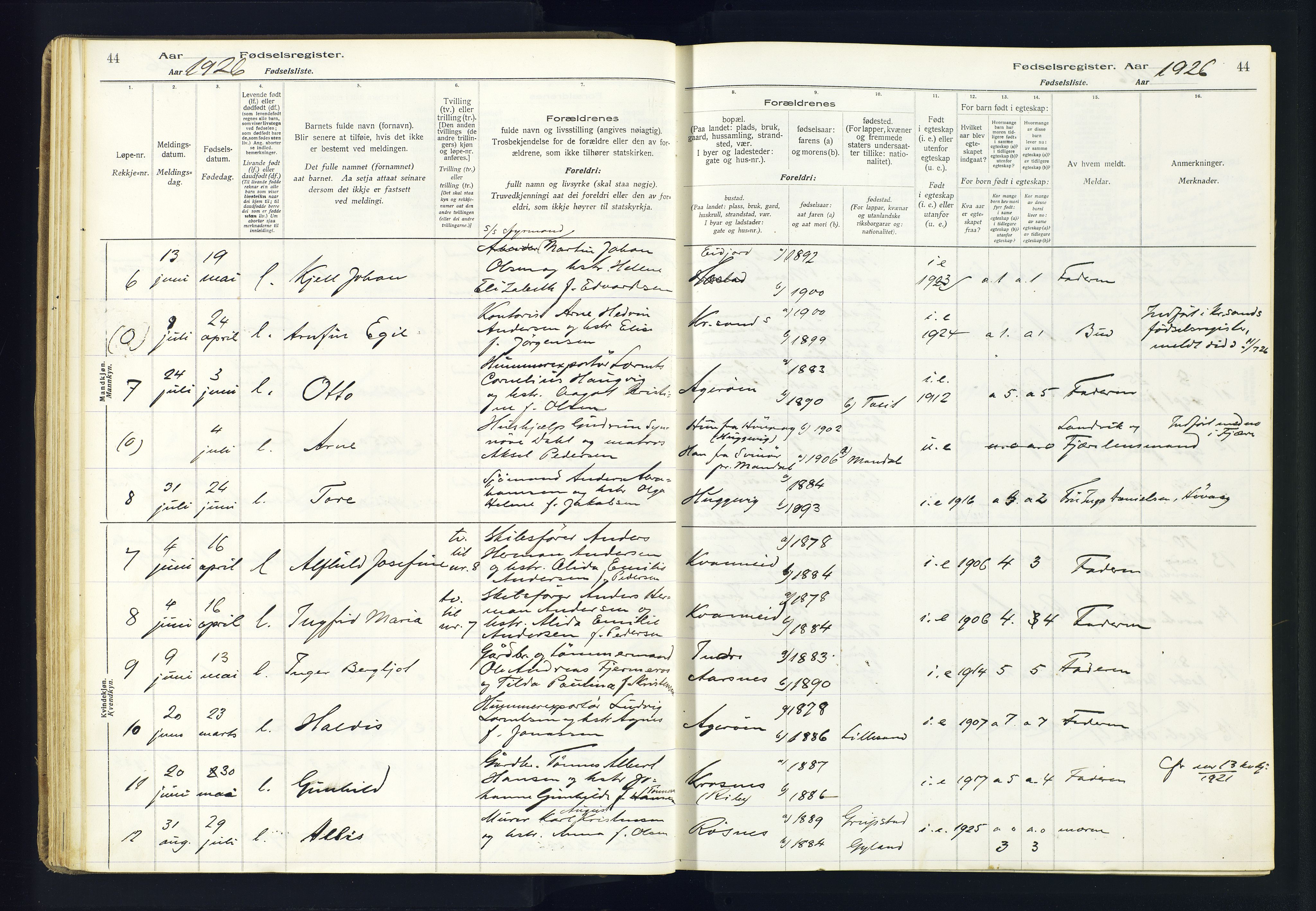 Høvåg sokneprestkontor, AV/SAK-1111-0025/J/Ja/L0001: Fødselsregister nr. II.4.2, 1916-1982, s. 44