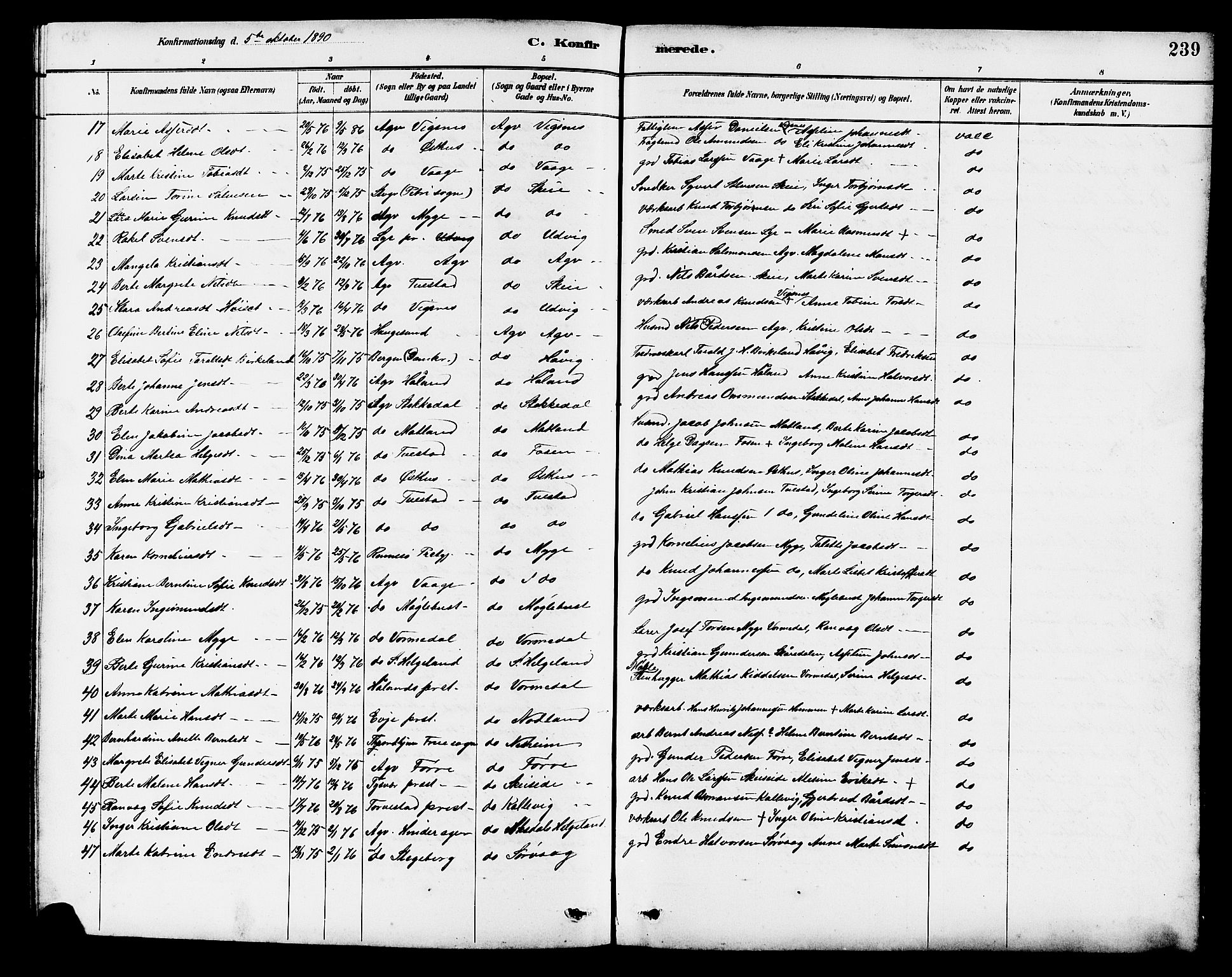 Avaldsnes sokneprestkontor, AV/SAST-A -101851/H/Ha/Hab/L0007: Klokkerbok nr. B 7, 1885-1909, s. 239