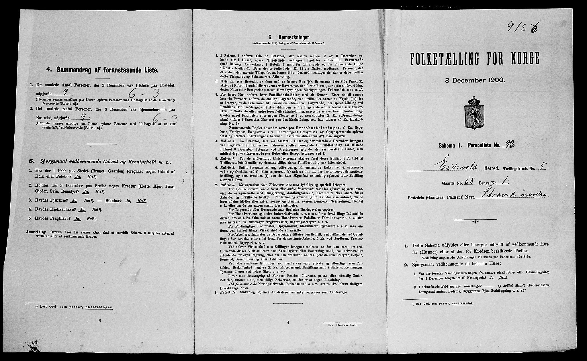 SAO, Folketelling 1900 for 0237 Eidsvoll herred, 1900