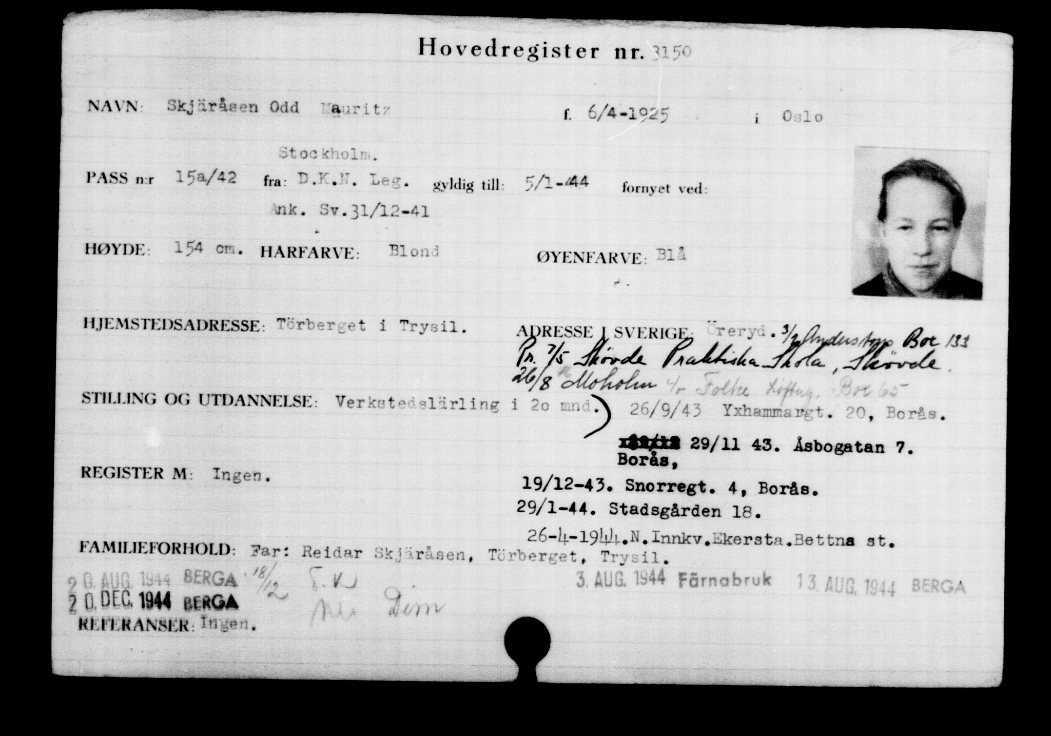 Utenriksstasjonene, Legasjonen i Stockholm, Flyktningkontoret, AV/RA-S-6753/V/Va/L0003: Kjesäterkartoteket, flyktninger med registreringsnr. 2001-3495, 1940-1945, s. 1592