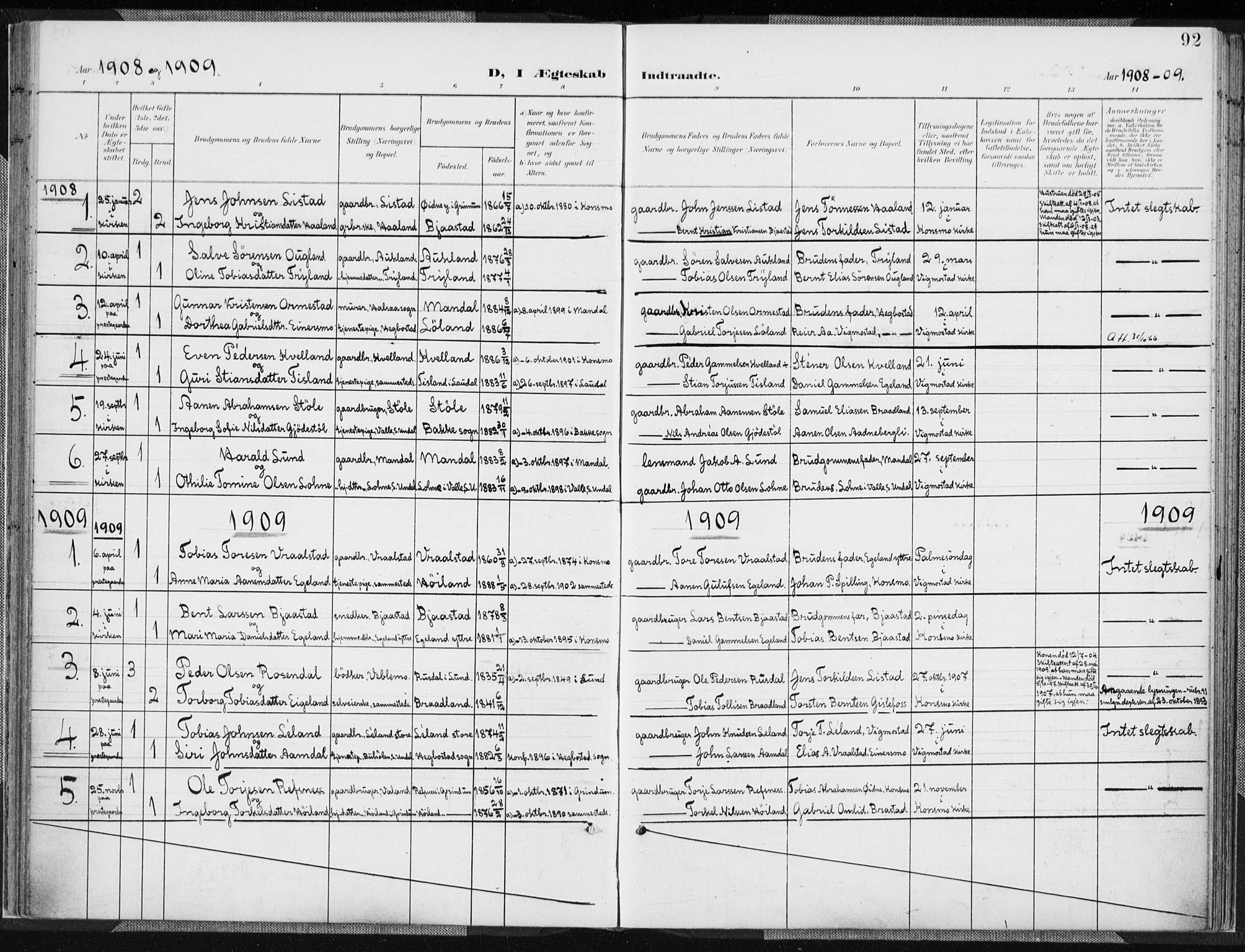 Nord-Audnedal sokneprestkontor, AV/SAK-1111-0032/F/Fa/Fab/L0004: Ministerialbok nr. A 4, 1901-1917, s. 92