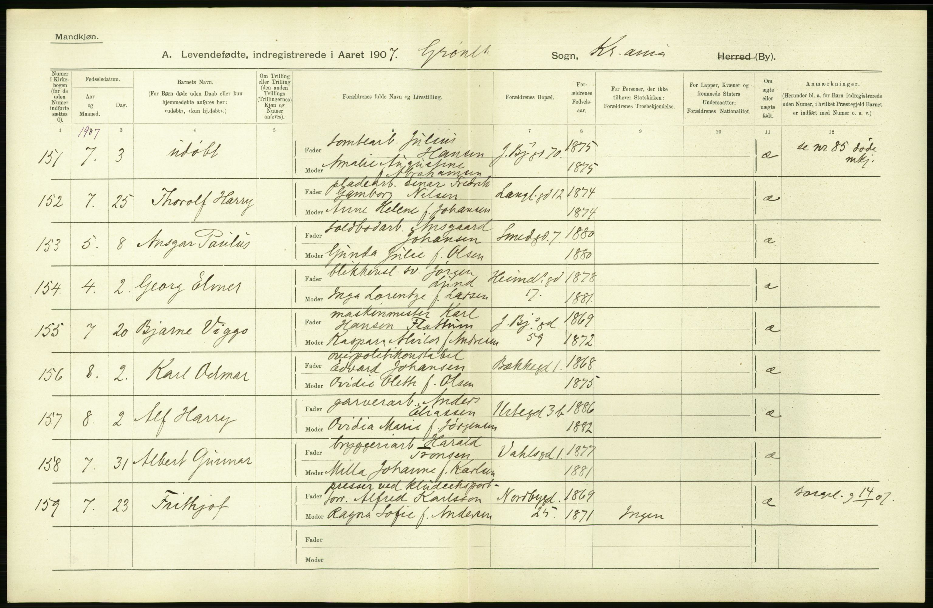 Statistisk sentralbyrå, Sosiodemografiske emner, Befolkning, AV/RA-S-2228/D/Df/Dfa/Dfae/L0007: Kristiania: Levendefødte menn og kvinner., 1907, s. 292