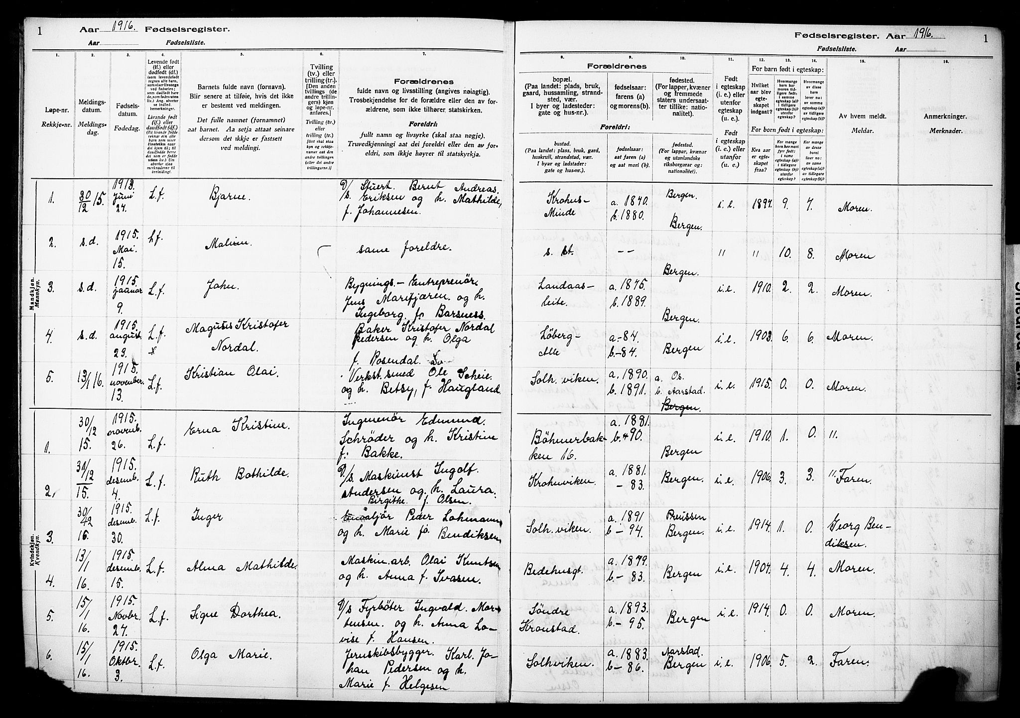 Årstad Sokneprestembete, SAB/A-79301/I/Id/L0A01: Fødselsregister nr. A 1, 1916-1920, s. 1