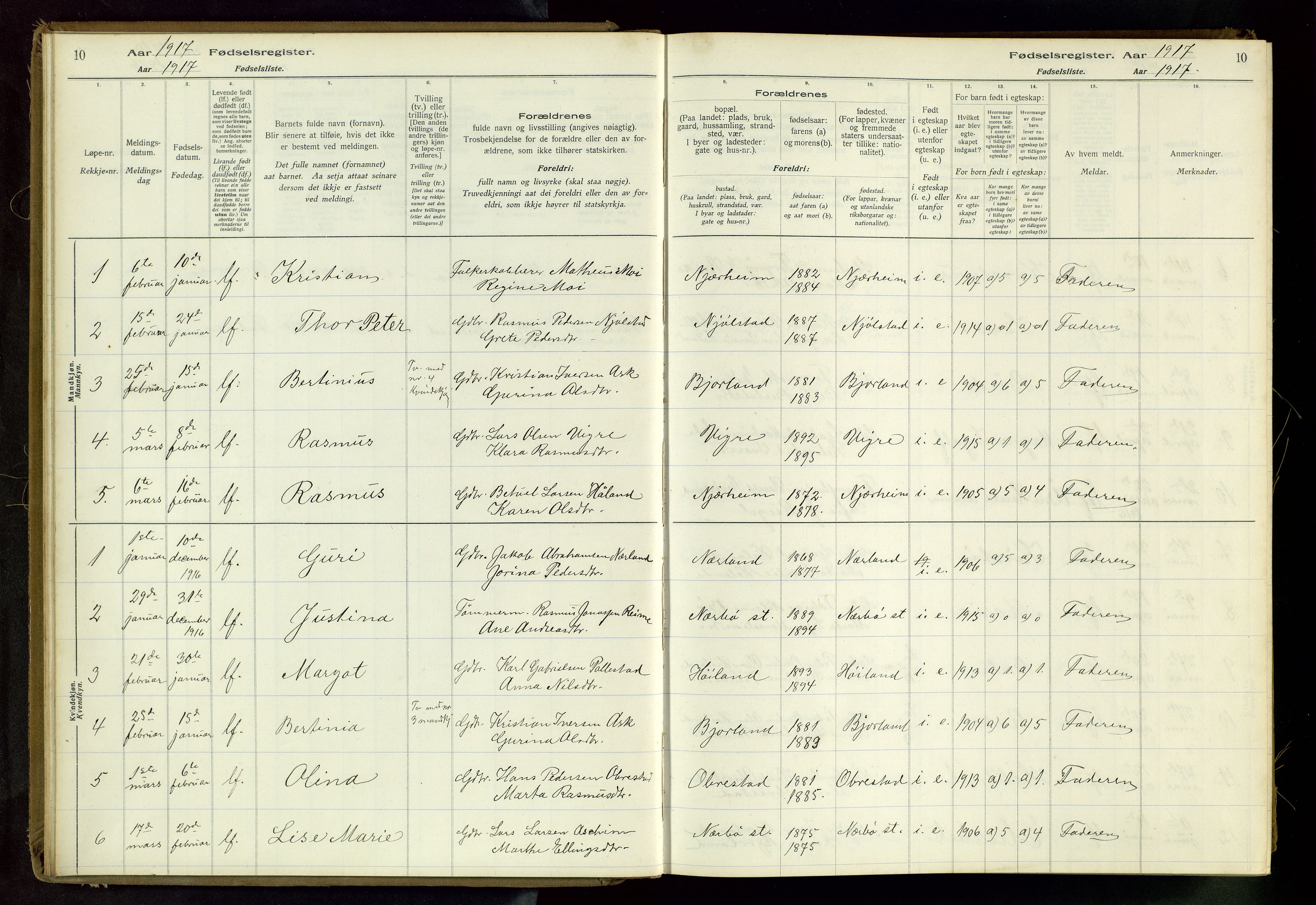 Hå sokneprestkontor, SAST/A-101801/002/C/L0001: Fødselsregister nr. 1, 1916-1945, s. 10