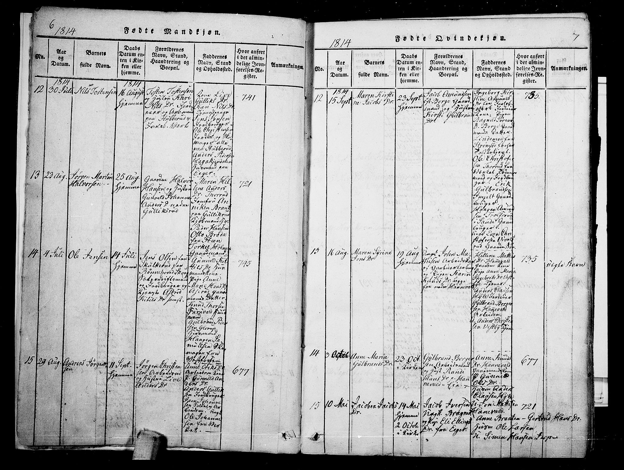 Skoger kirkebøker, AV/SAKO-A-59/G/Ga/L0001: Klokkerbok nr. I 1, 1814-1845, s. 6-7