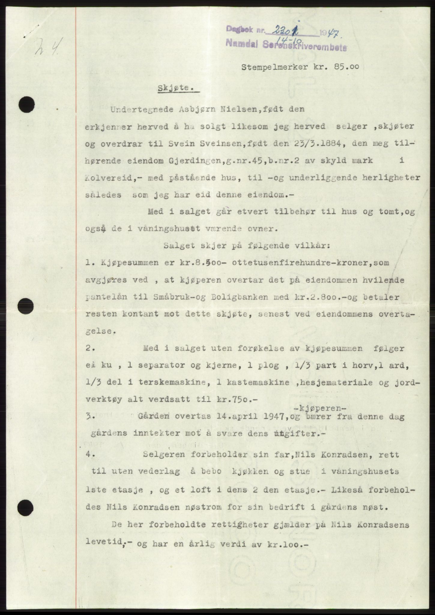 Namdal sorenskriveri, SAT/A-4133/1/2/2C: Pantebok nr. -, 1947-1947, Dagboknr: 2301/1947
