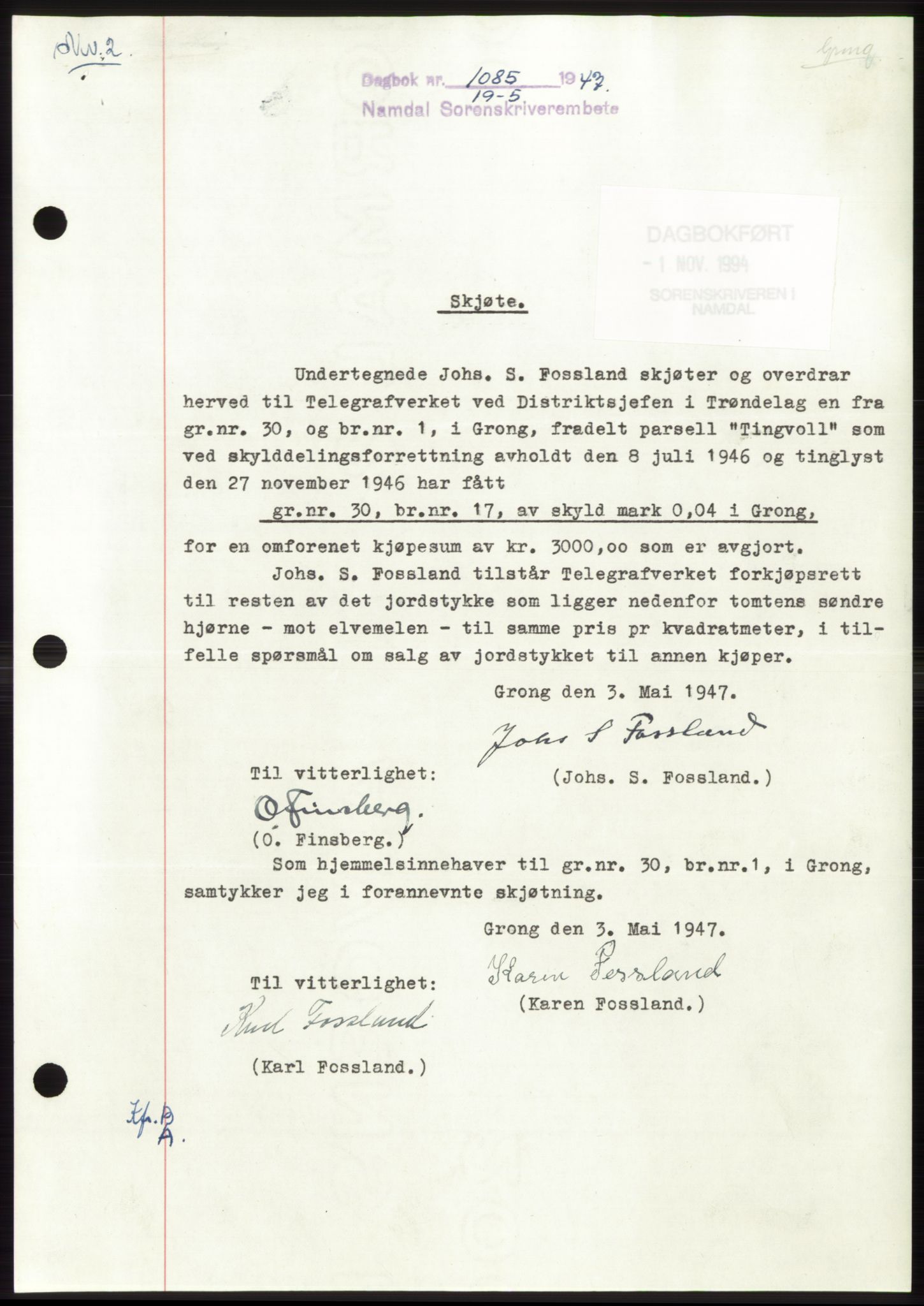 Namdal sorenskriveri, SAT/A-4133/1/2/2C: Pantebok nr. -, 1947-1947, Dagboknr: 1085/1947
