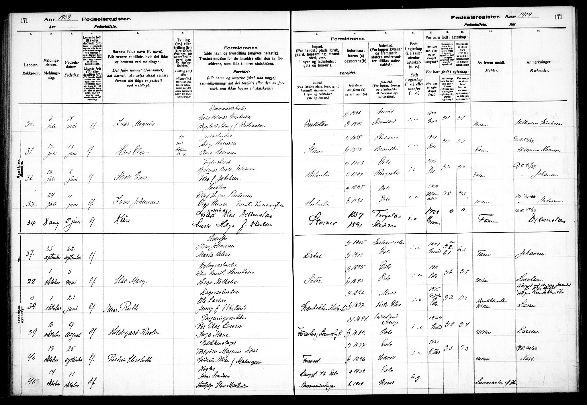 Østre Aker prestekontor Kirkebøker, AV/SAO-A-10840/J/Jb/L0001: Fødselsregister nr. II 1, 1916-1932, s. 171