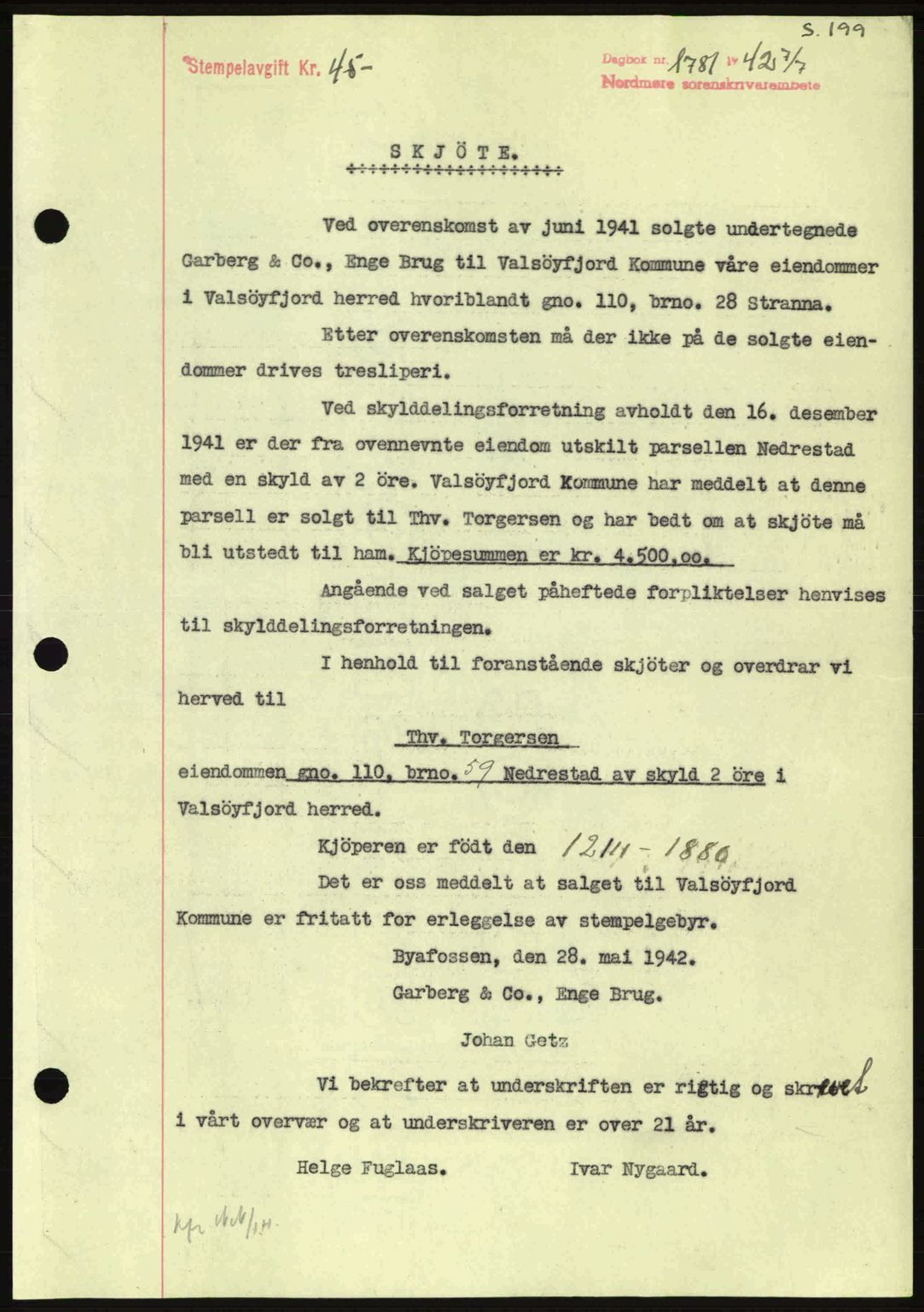Nordmøre sorenskriveri, SAT/A-4132/1/2/2Ca: Pantebok nr. A93, 1942-1942, Dagboknr: 1781/1942
