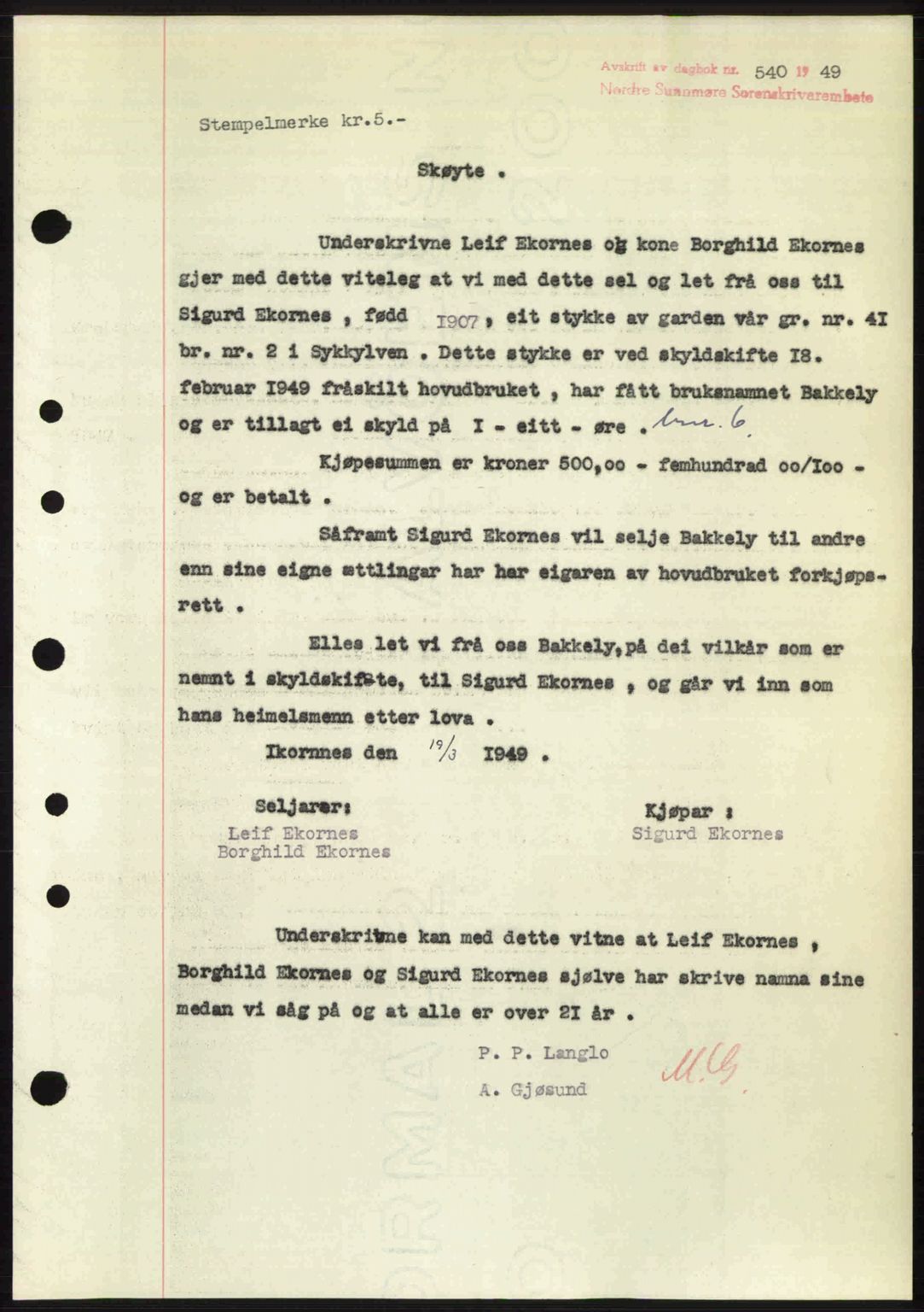 Nordre Sunnmøre sorenskriveri, SAT/A-0006/1/2/2C/2Ca: Pantebok nr. A30, 1949-1949, Dagboknr: 540/1949