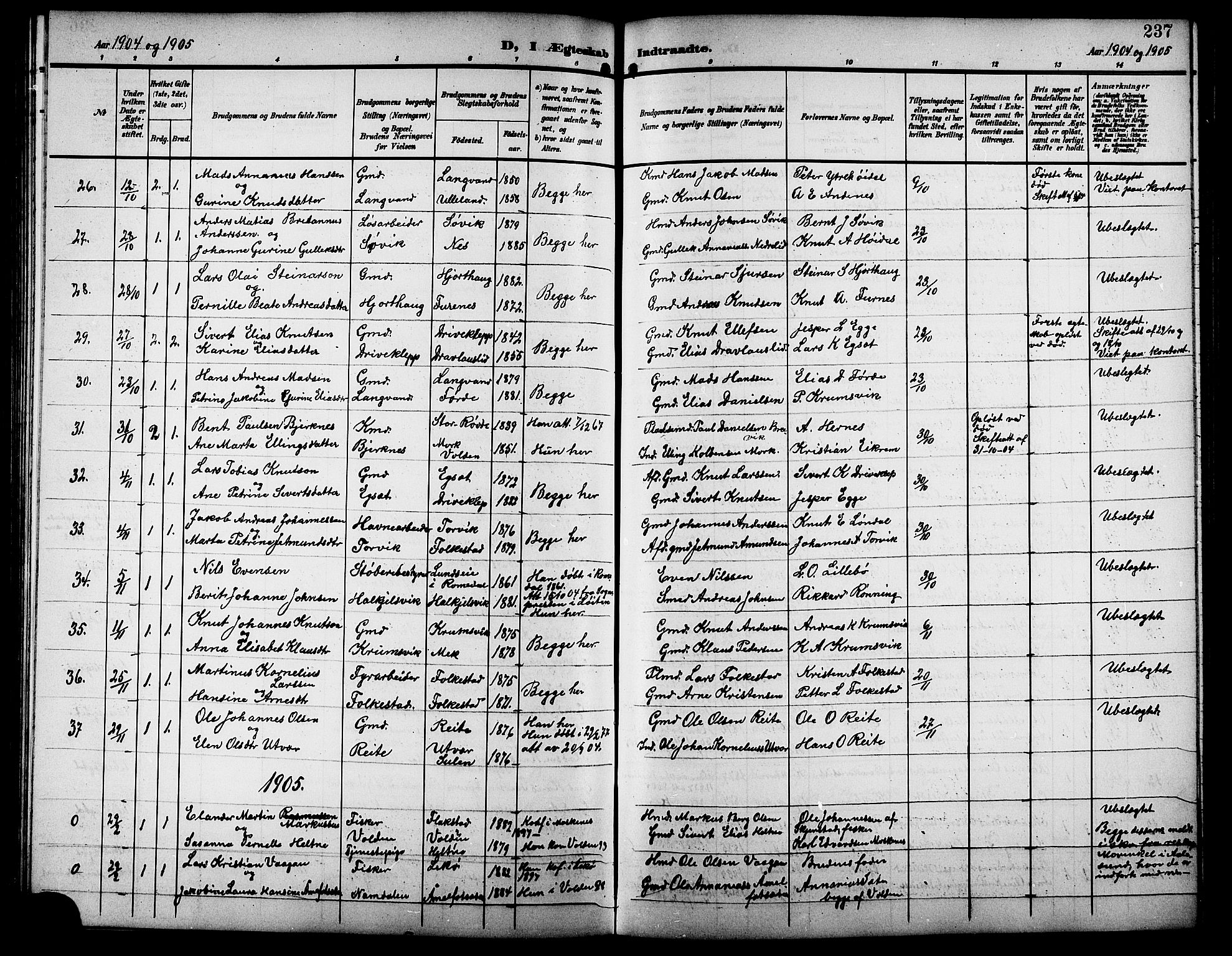 Ministerialprotokoller, klokkerbøker og fødselsregistre - Møre og Romsdal, SAT/A-1454/511/L0159: Klokkerbok nr. 511C05, 1902-1920, s. 237