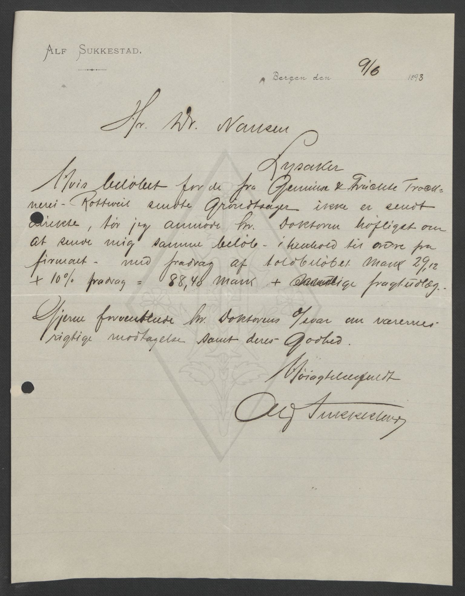 Arbeidskomitéen for Fridtjof Nansens polarekspedisjon, AV/RA-PA-0061/D/L0004: Innk. brev og telegrammer vedr. proviant og utrustning, 1892-1893, s. 795