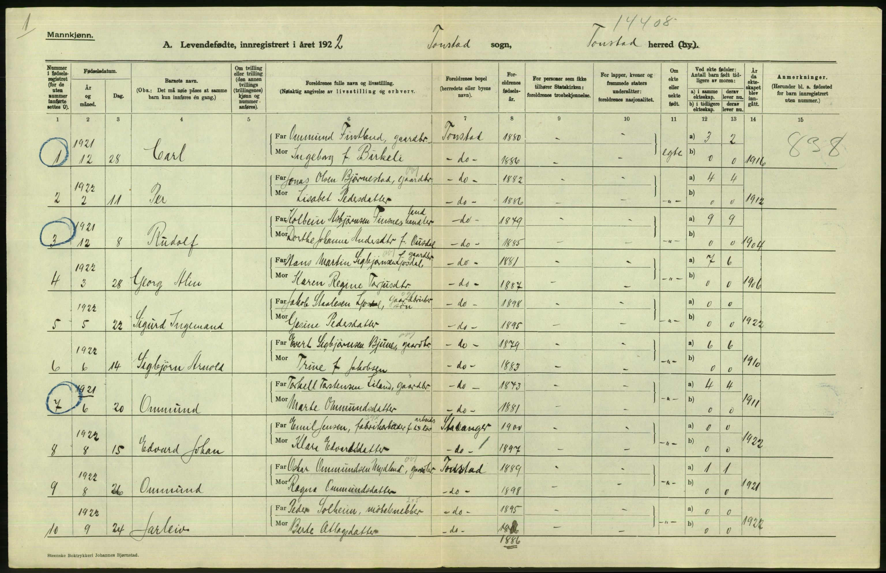 Statistisk sentralbyrå, Sosiodemografiske emner, Befolkning, AV/RA-S-2228/D/Df/Dfc/Dfcb/L0022: Vest-Agder fylke: Levendefødte menn og kvinner, gifte, døde, dødfødte. Bygder og byer., 1922, s. 170