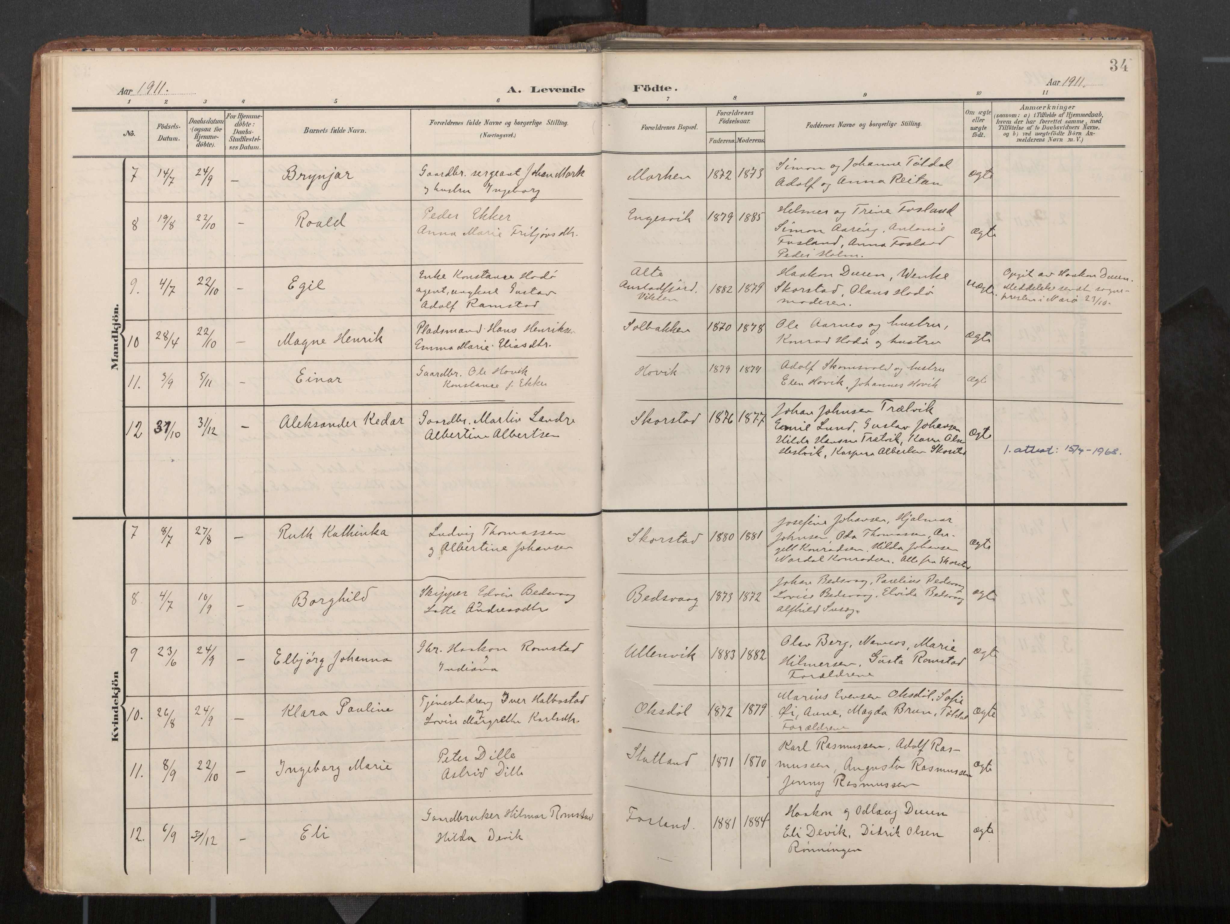 Ministerialprotokoller, klokkerbøker og fødselsregistre - Nord-Trøndelag, AV/SAT-A-1458/774/L0629: Ministerialbok, 1904-1926, s. 34