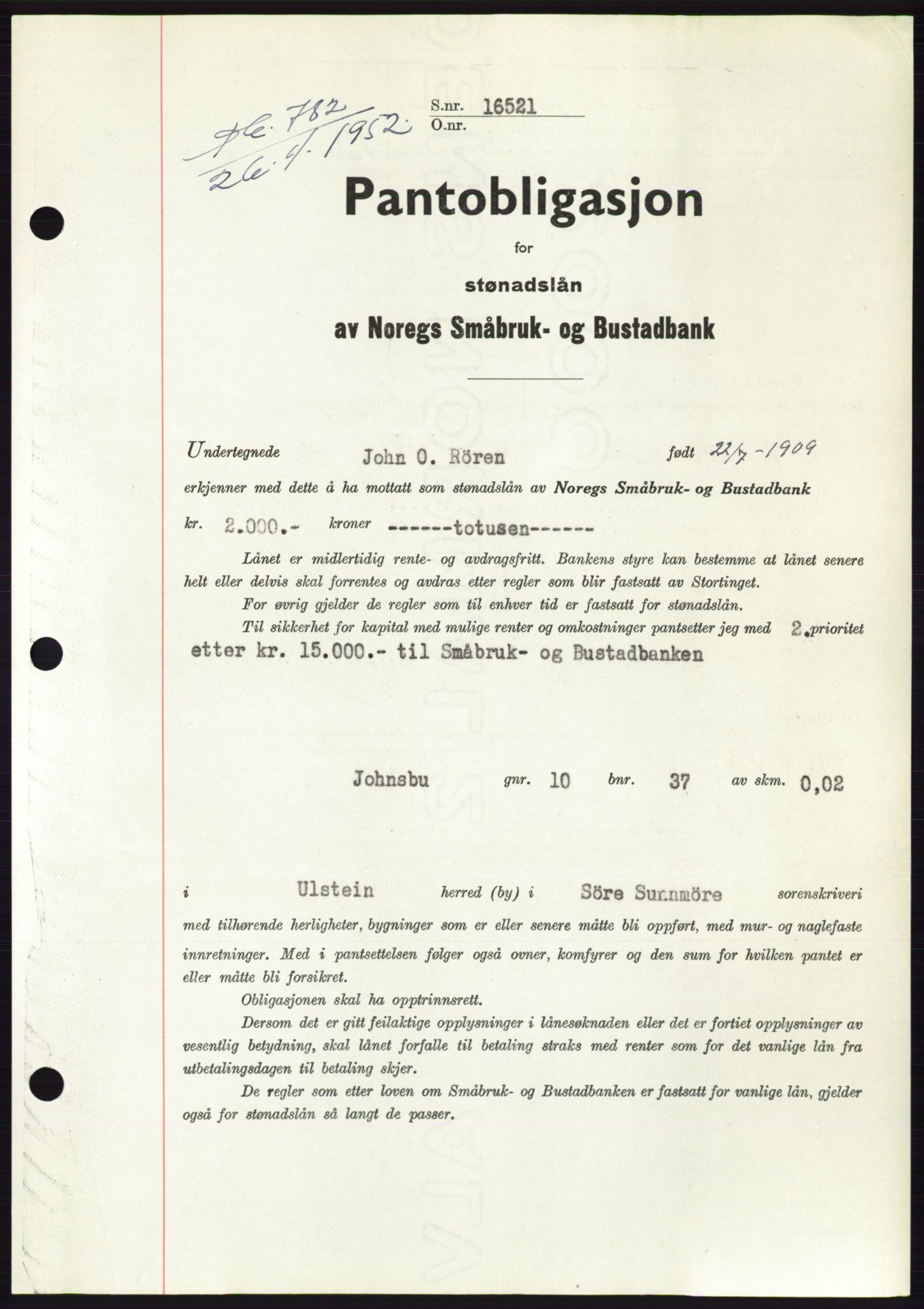 Søre Sunnmøre sorenskriveri, AV/SAT-A-4122/1/2/2C/L0121: Pantebok nr. 9B, 1951-1952, Dagboknr: 782/1952