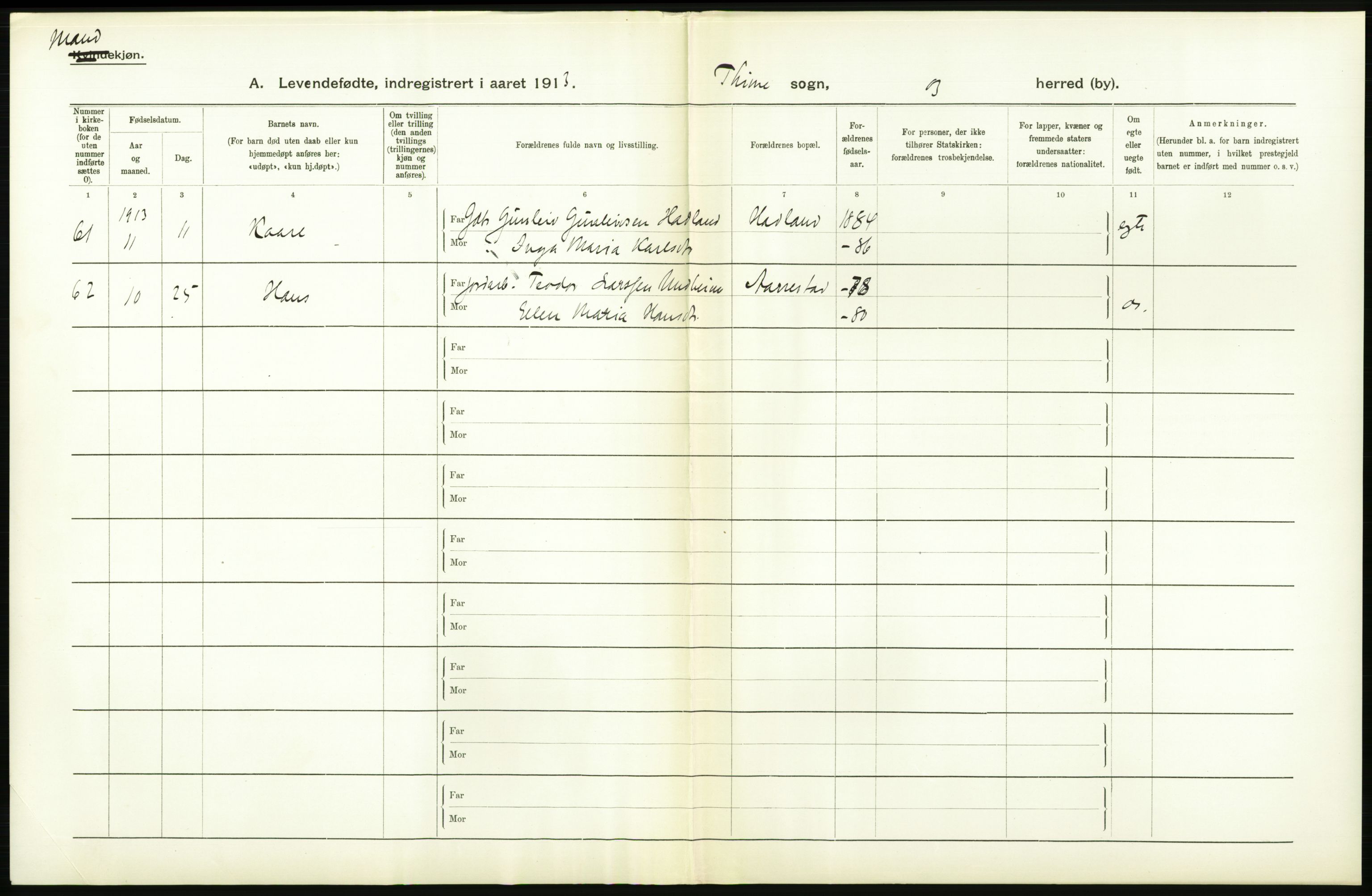 Statistisk sentralbyrå, Sosiodemografiske emner, Befolkning, AV/RA-S-2228/D/Df/Dfb/Dfbc/L0025: Stavanger amt: Levendefødte menn og kvinner. Bygder., 1913, s. 14