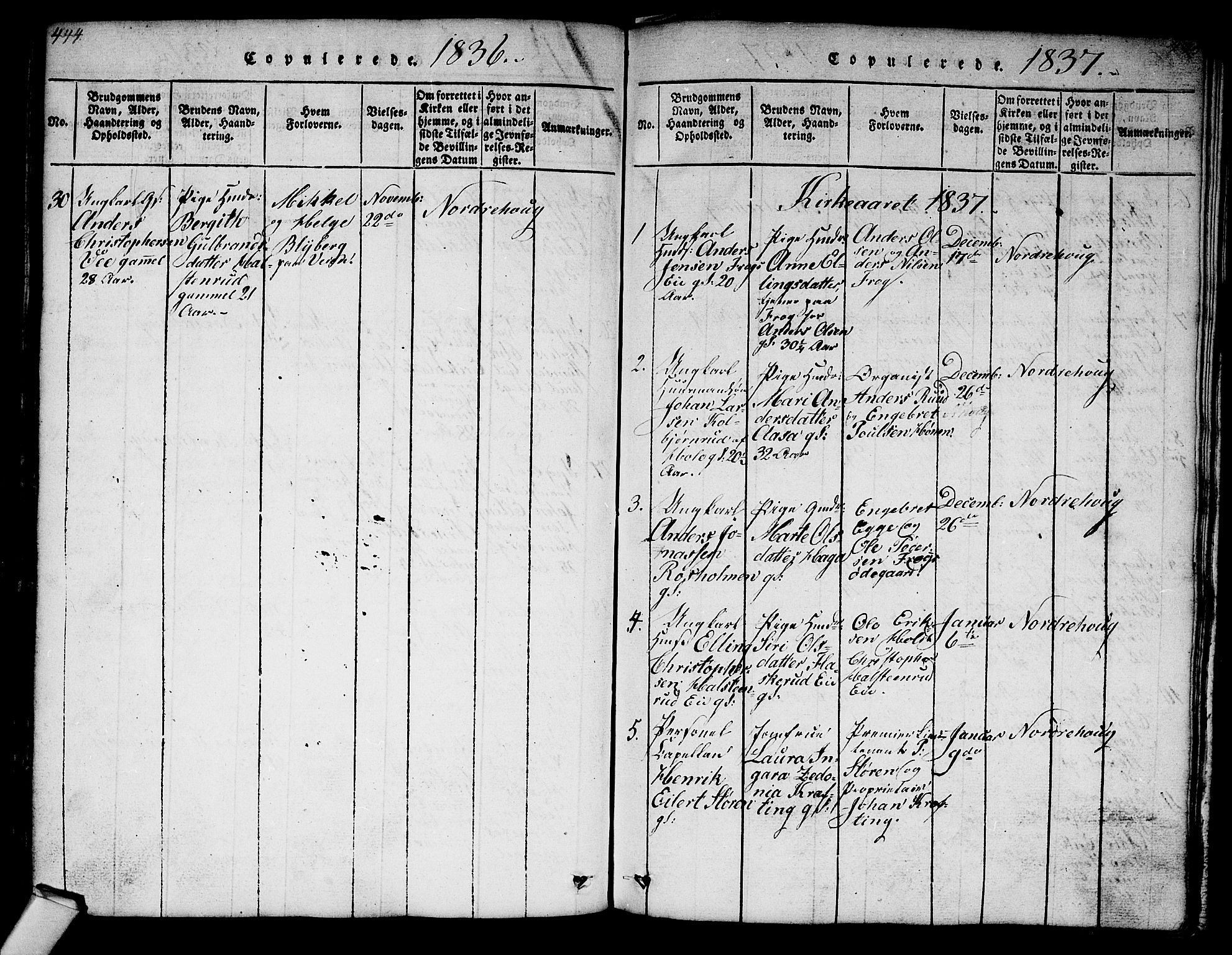 Norderhov kirkebøker, AV/SAKO-A-237/G/Ga/L0003: Klokkerbok nr. I 3 /1, 1814-1876, s. 444-445