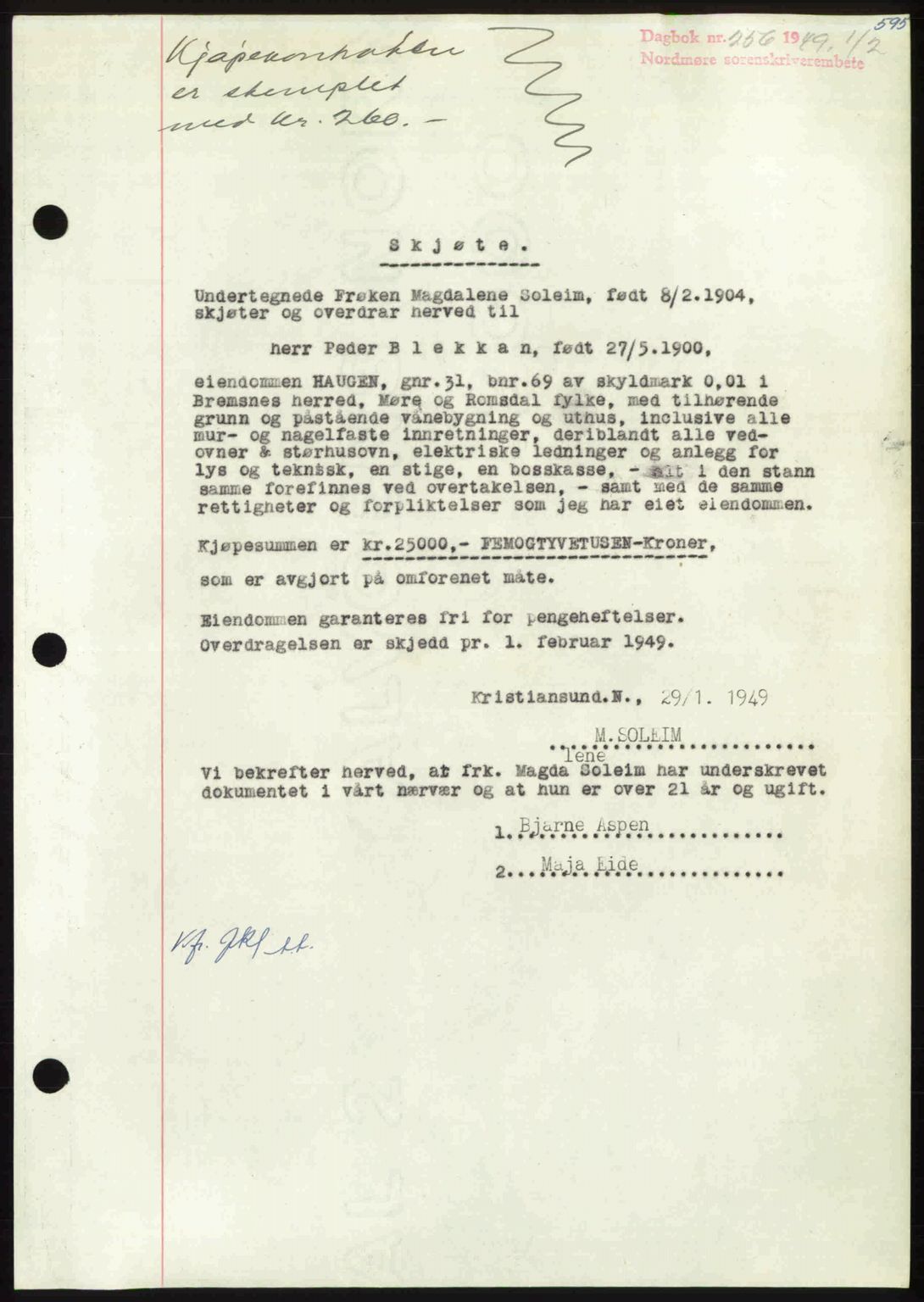 Nordmøre sorenskriveri, SAT/A-4132/1/2/2Ca: Pantebok nr. A110, 1948-1949, Dagboknr: 256/1949