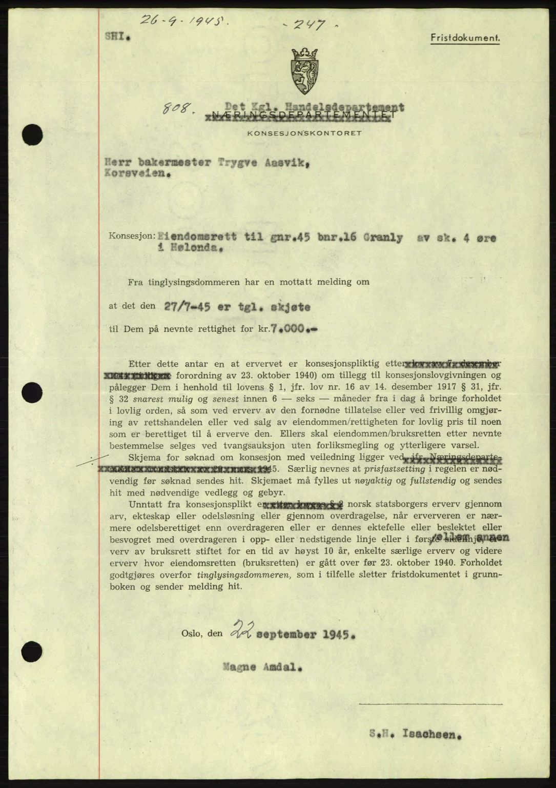 Gauldal sorenskriveri, SAT/A-0014/1/2/2C: Pantebok nr. A1a, 1945-1945, Dagboknr: 808/1945