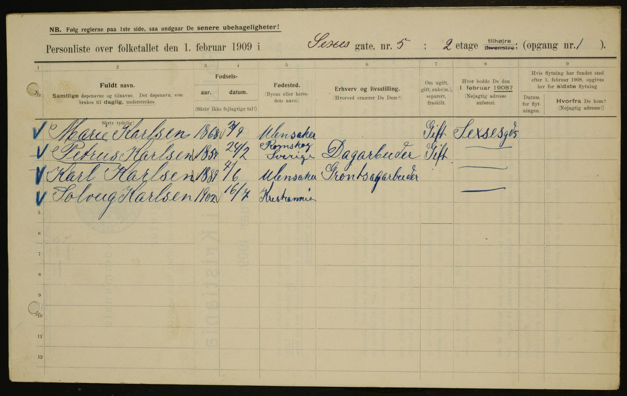 OBA, Kommunal folketelling 1.2.1909 for Kristiania kjøpstad, 1909, s. 85963