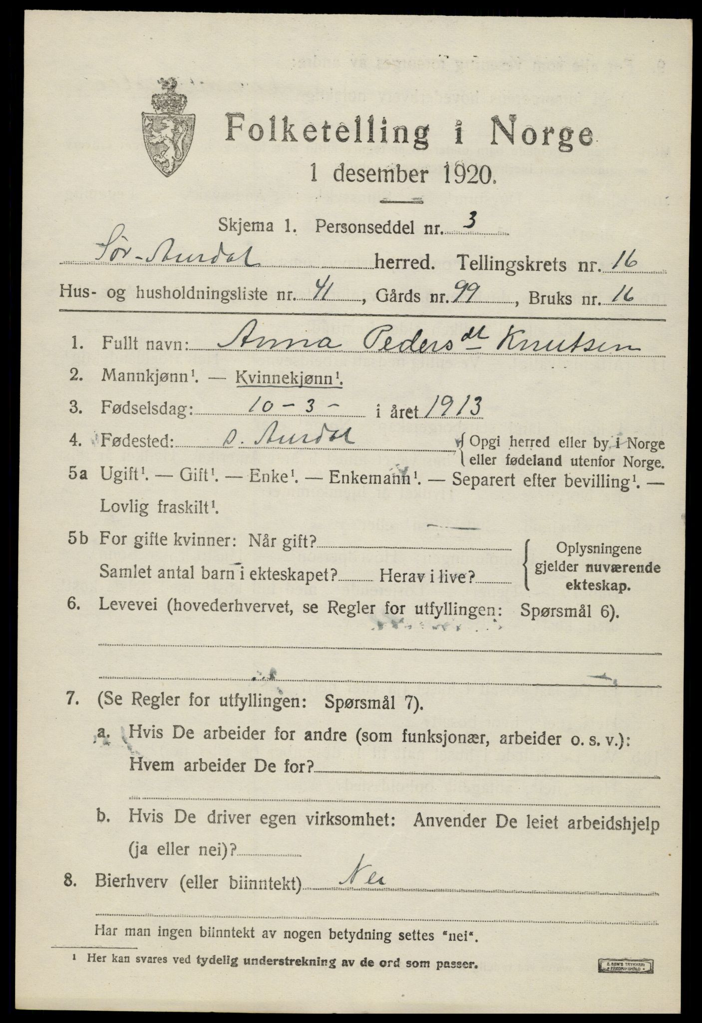 SAH, Folketelling 1920 for 0540 Sør-Aurdal herred, 1920, s. 9707