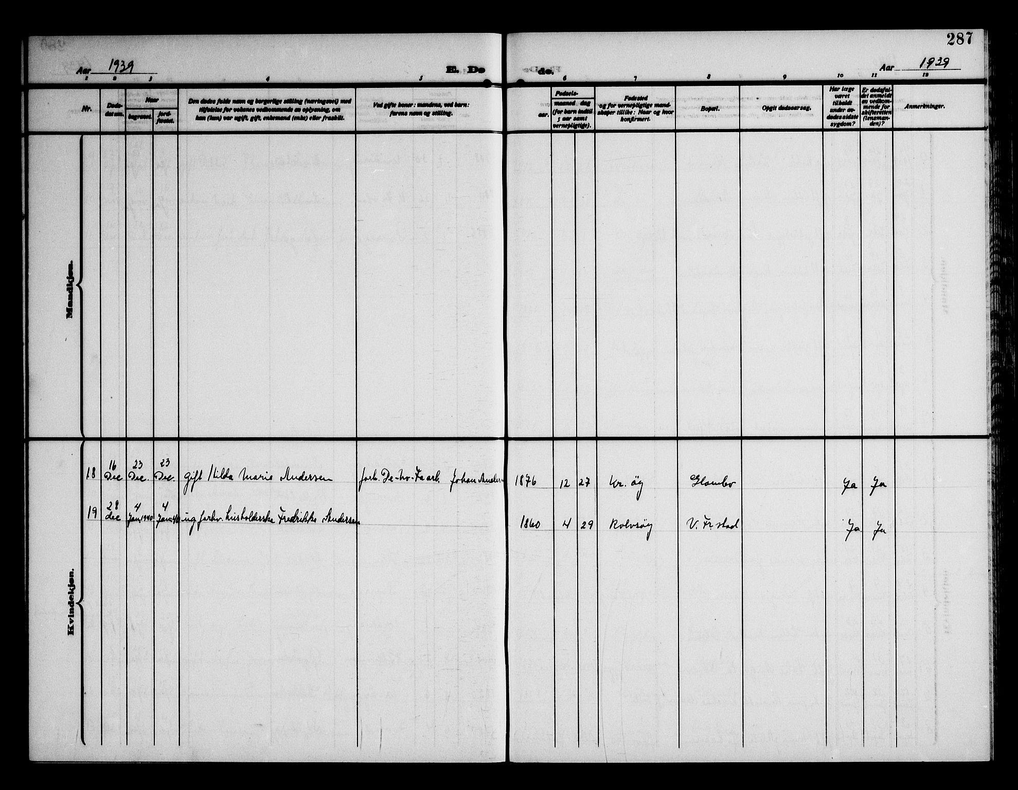 Kråkerøy prestekontor Kirkebøker, AV/SAO-A-10912/G/Ga/L0002: Klokkerbok nr. 2, 1908-1952, s. 287