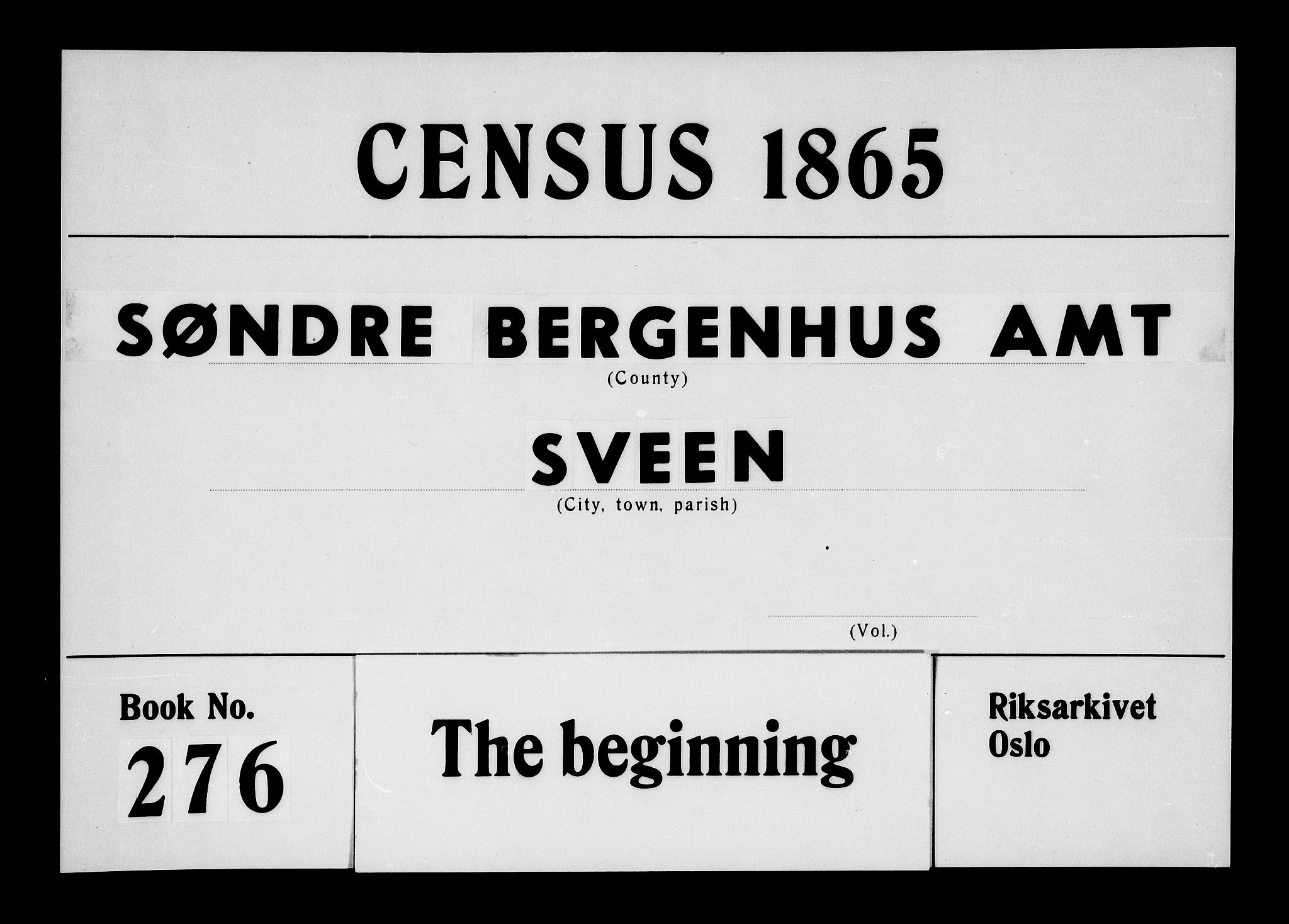 RA, Folketelling 1865 for 1216P Sveio prestegjeld, 1865, s. 1