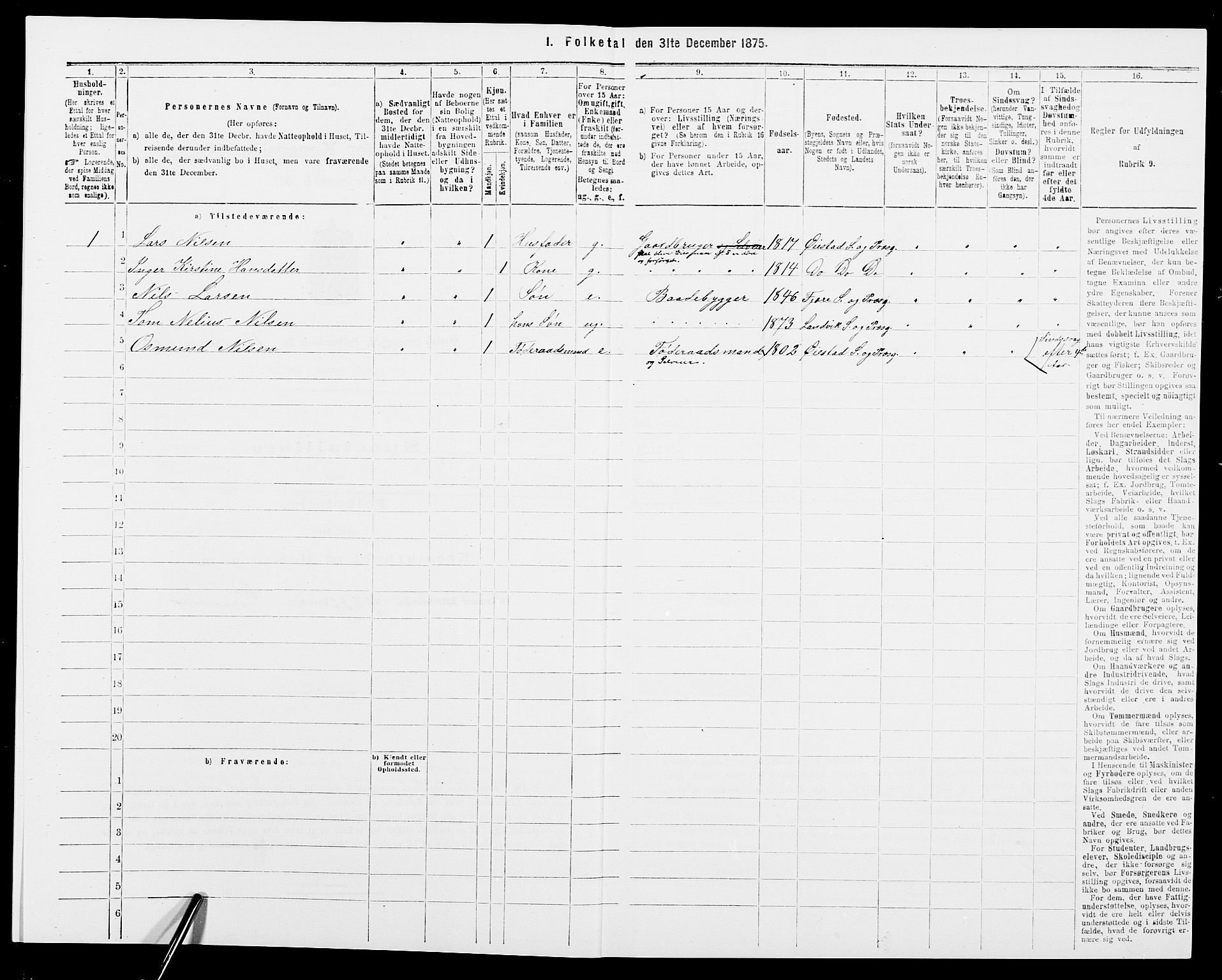 SAK, Folketelling 1875 for 0920P Øyestad prestegjeld, 1875, s. 69