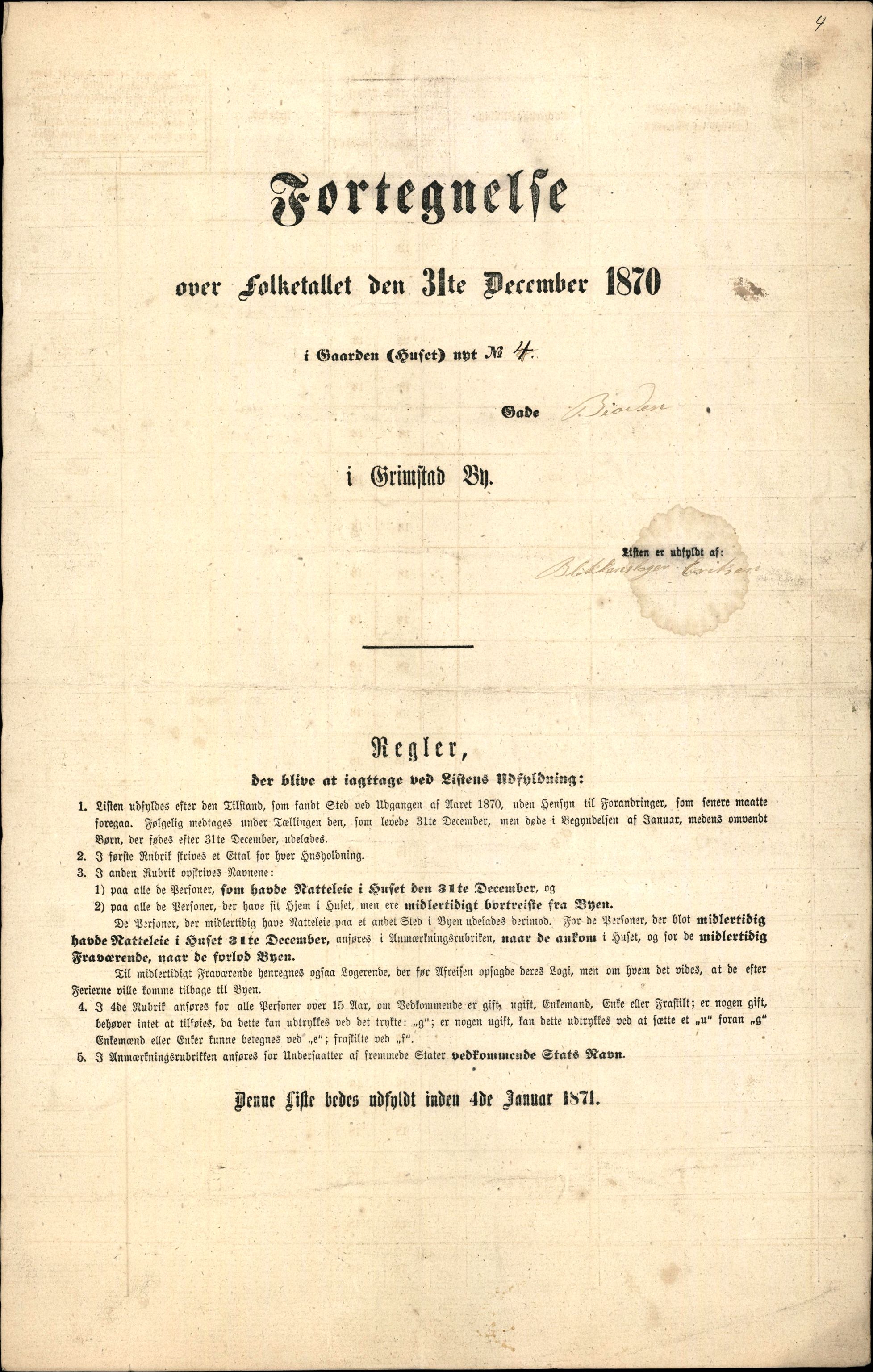 RA, Folketelling 1870 for 0904 Grimstad kjøpstad, 1870, s. 8