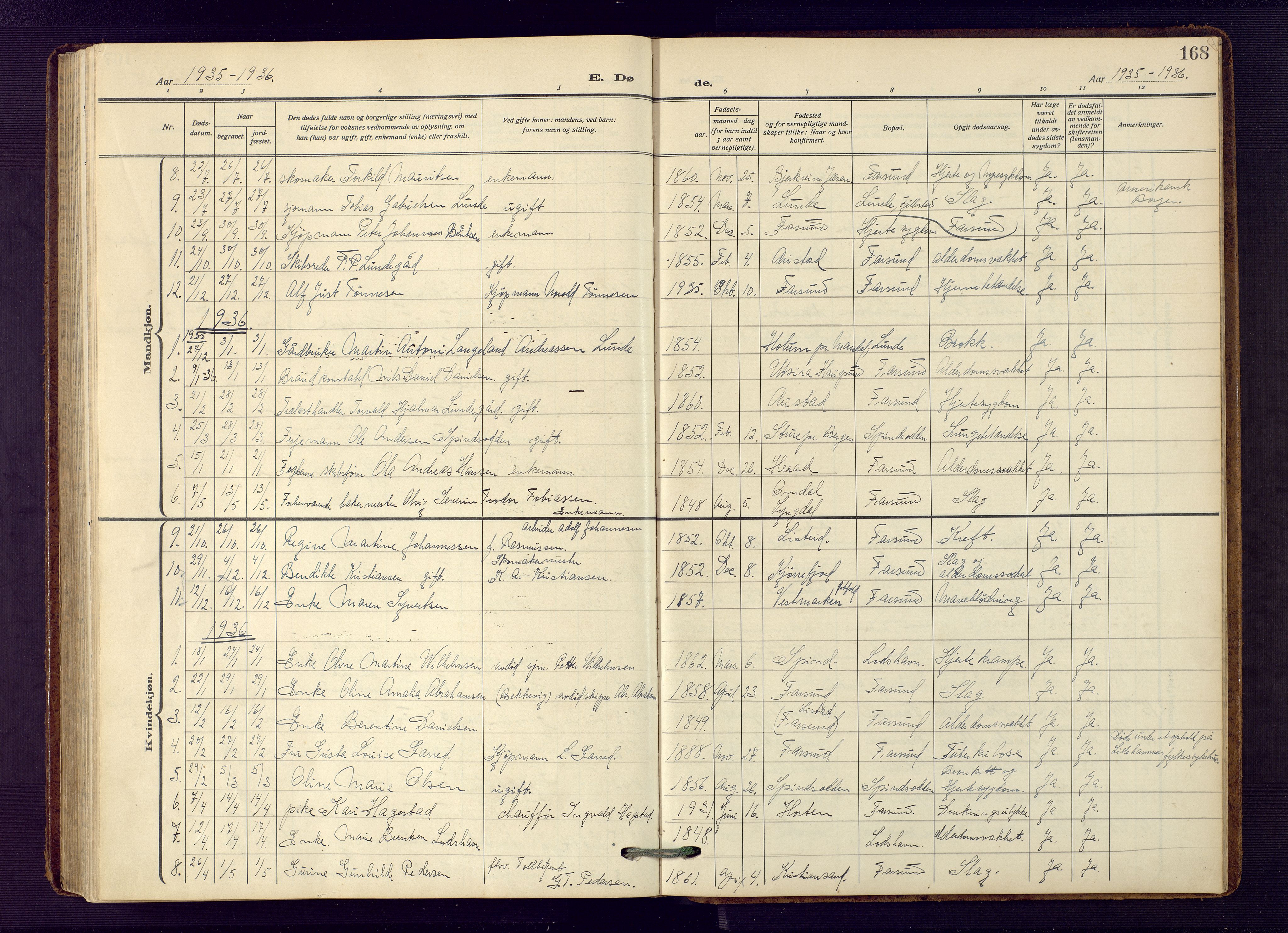 Farsund sokneprestkontor, AV/SAK-1111-0009/F/Fb/L0002: Klokkerbok nr. B 2, 1914-1958, s. 168