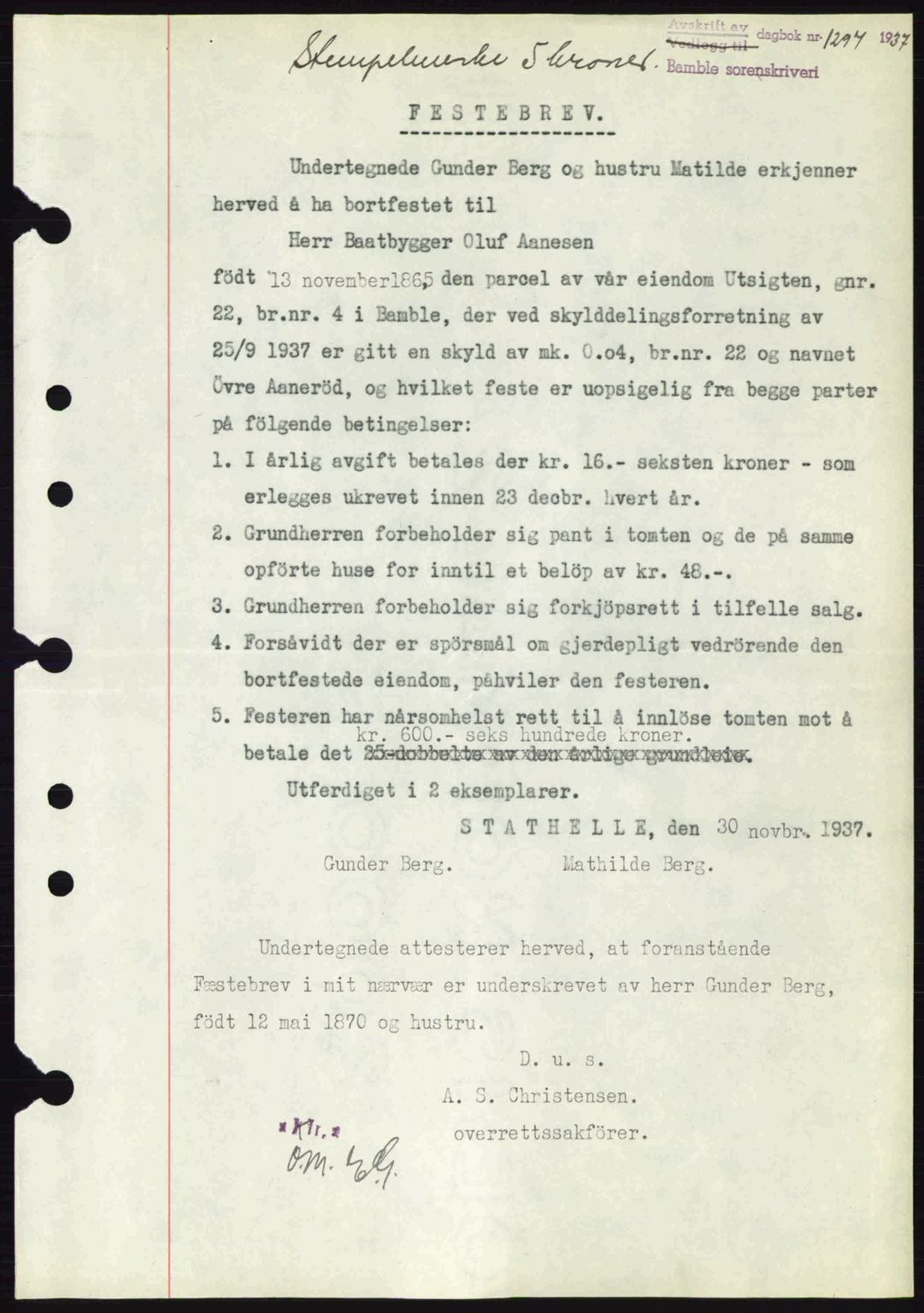 Bamble sorenskriveri, AV/SAKO-A-214/G/Ga/Gag/L0002: Pantebok nr. A-2, 1937-1938, Dagboknr: 1294/1937